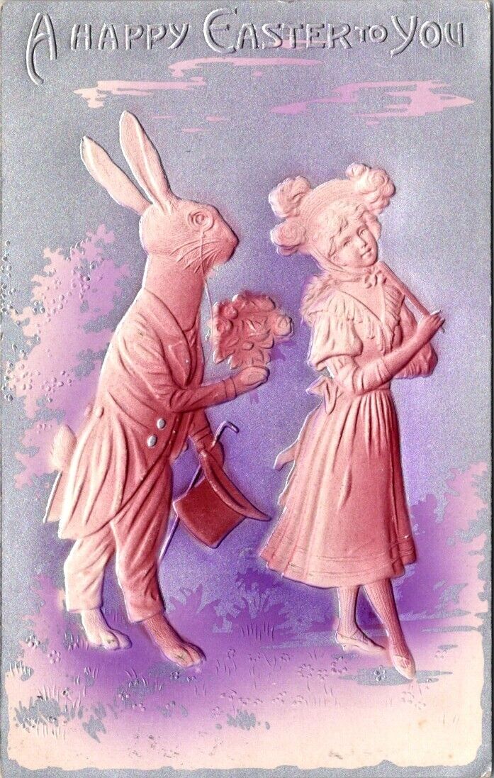 Easter Anthropomorphic Dressed Rabbit Suit Airbrush Silver c1910 postcard JP6