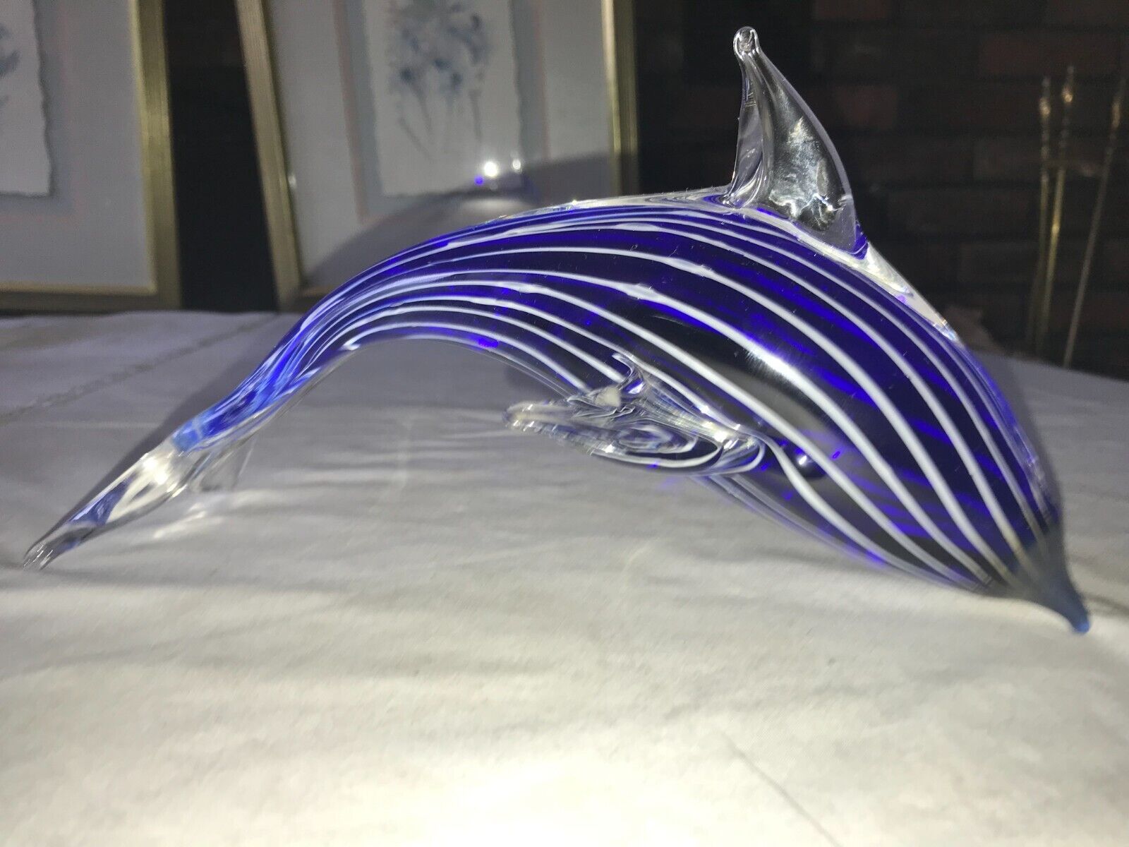 Rare ART GLASS Cobalt BLUE White STRIPE Diving DOLPHIN Figurine PAPERWEIGHT 9¾\