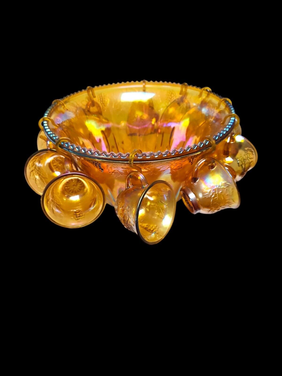 Vintage Indiana Glass Marigold Iridescent Punch Bowl Set~Grape Harvest~12 Cups