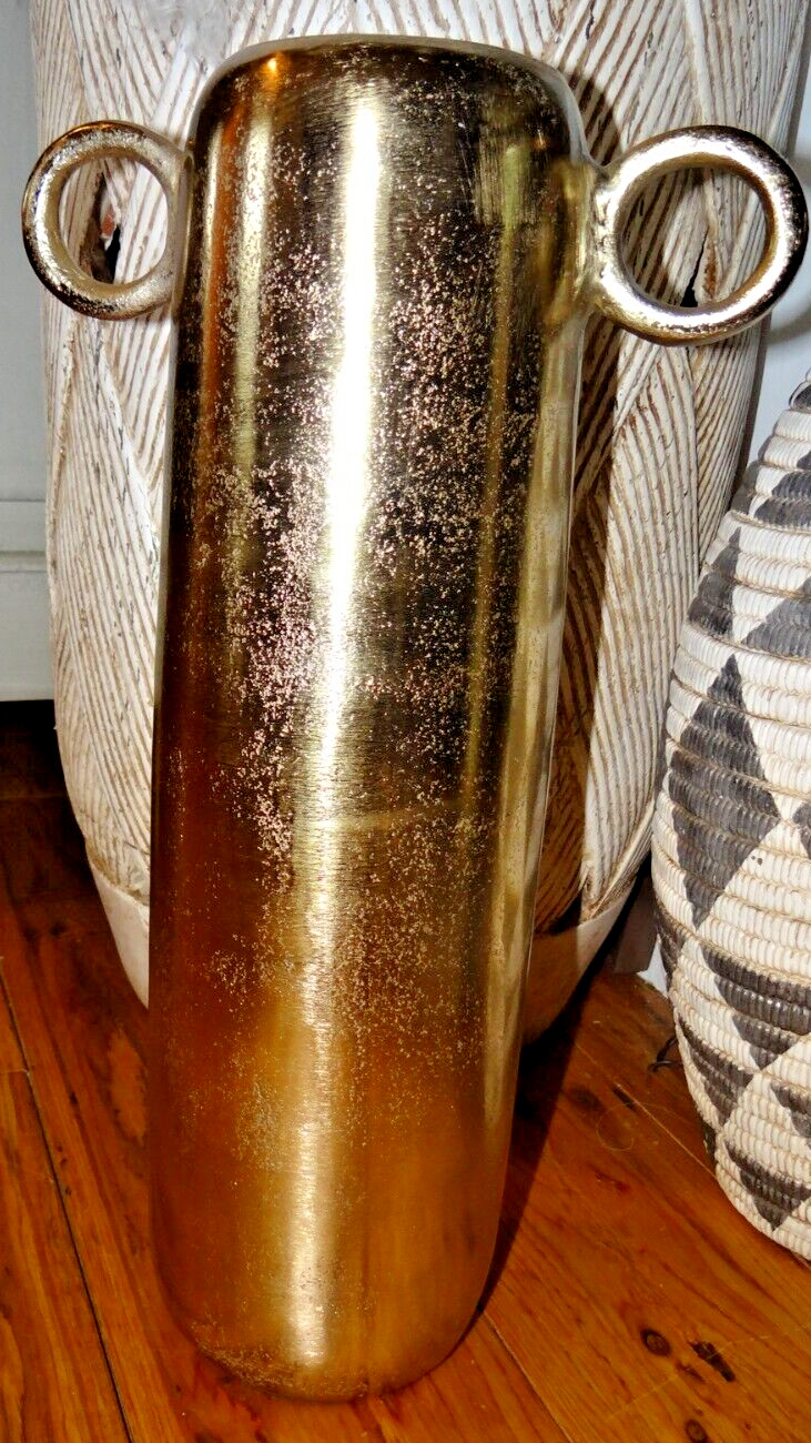16” Textured Gold / Brass Metal Vase With Handles