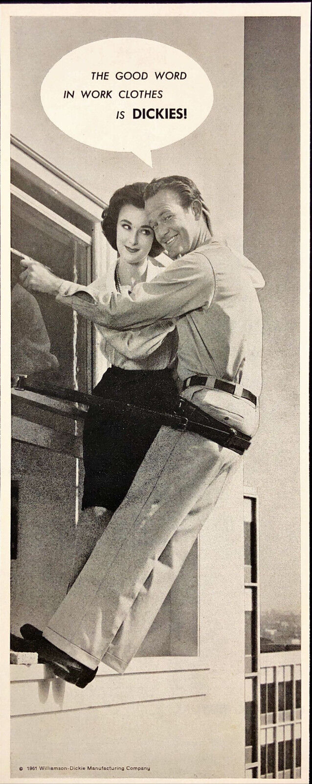 1961 Dickies Work Clothes Vintage Print Ad Man Holding Woman on Edge of Building
