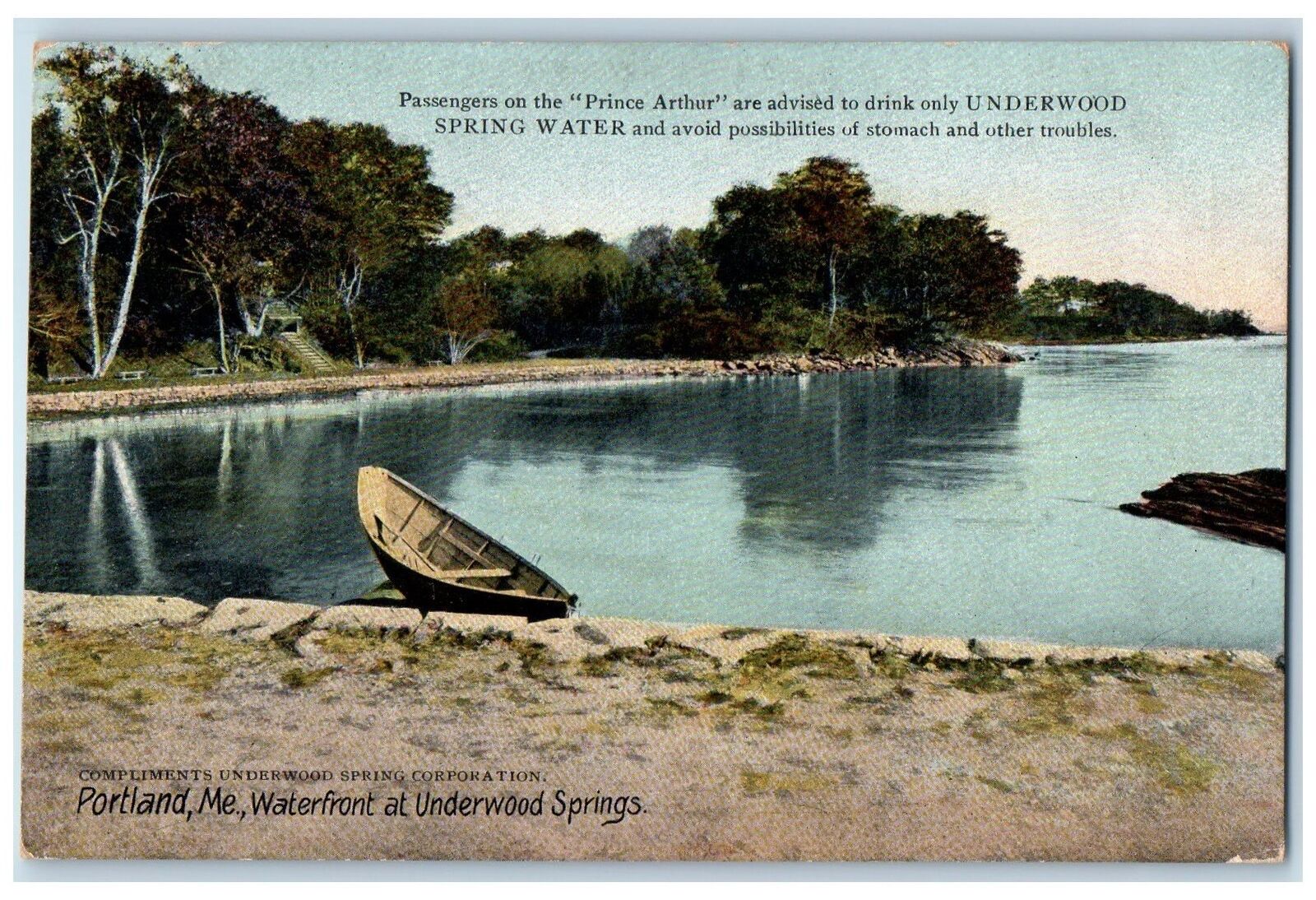 1909 Waterfront At Underwood Springs Boat Portland ME Spring Water Ad Postcard