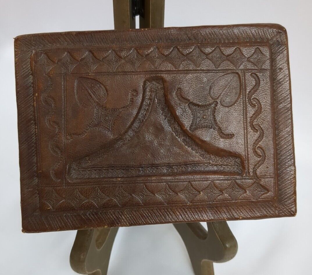 RARE Vintage Hand Tooled Leather Mahogany Wood & Leather Trinket Jewelry Box 