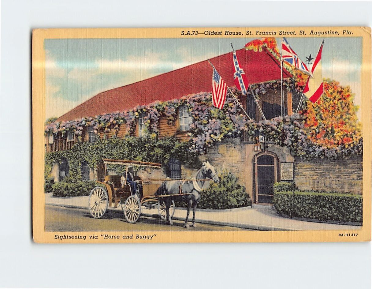 Postcard Oldest House Horse & Buggy St. Augustine Florida USA