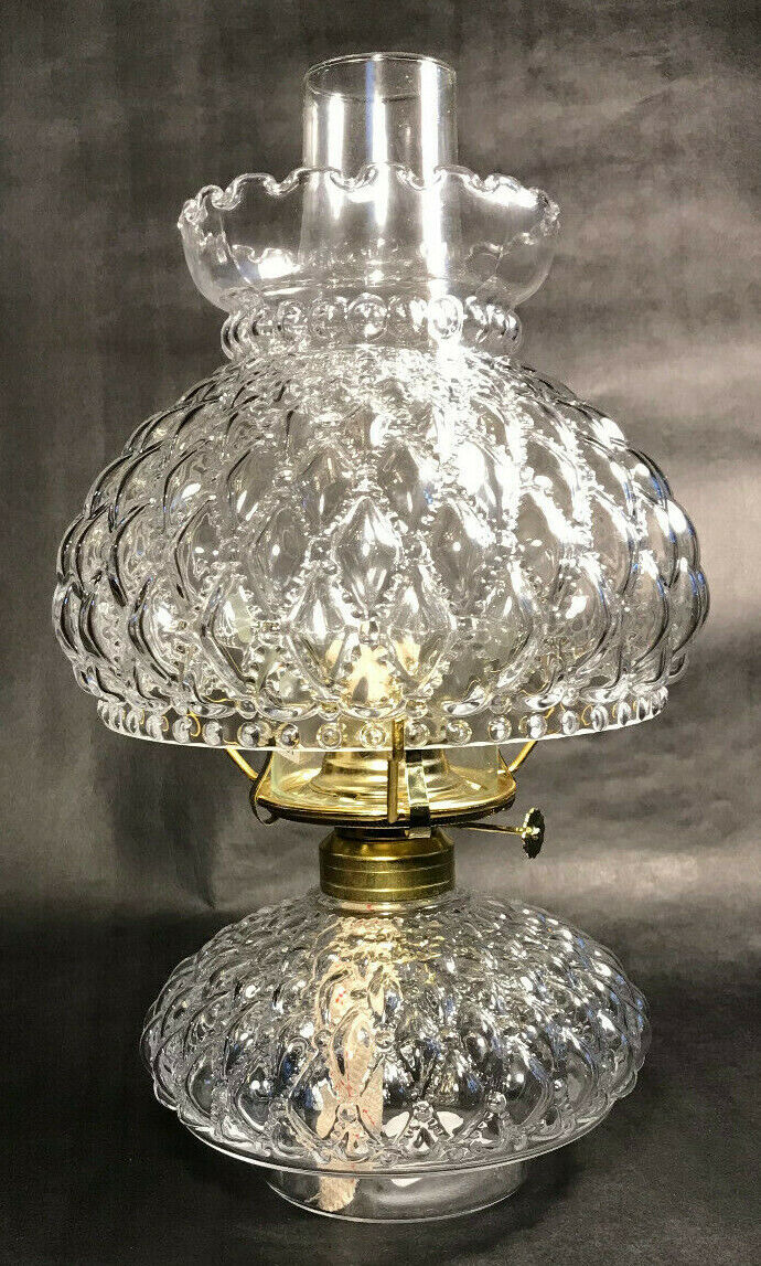 New Complete Clear Glass Diamond Quilted Oil Lamp With Shade,Chimney,Burner