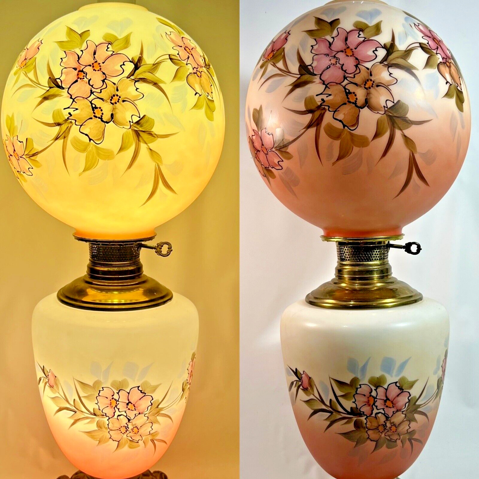 Antique Victorian Hand Painted GWTW Banquet Parlor Lamp Pink Floral Double Light