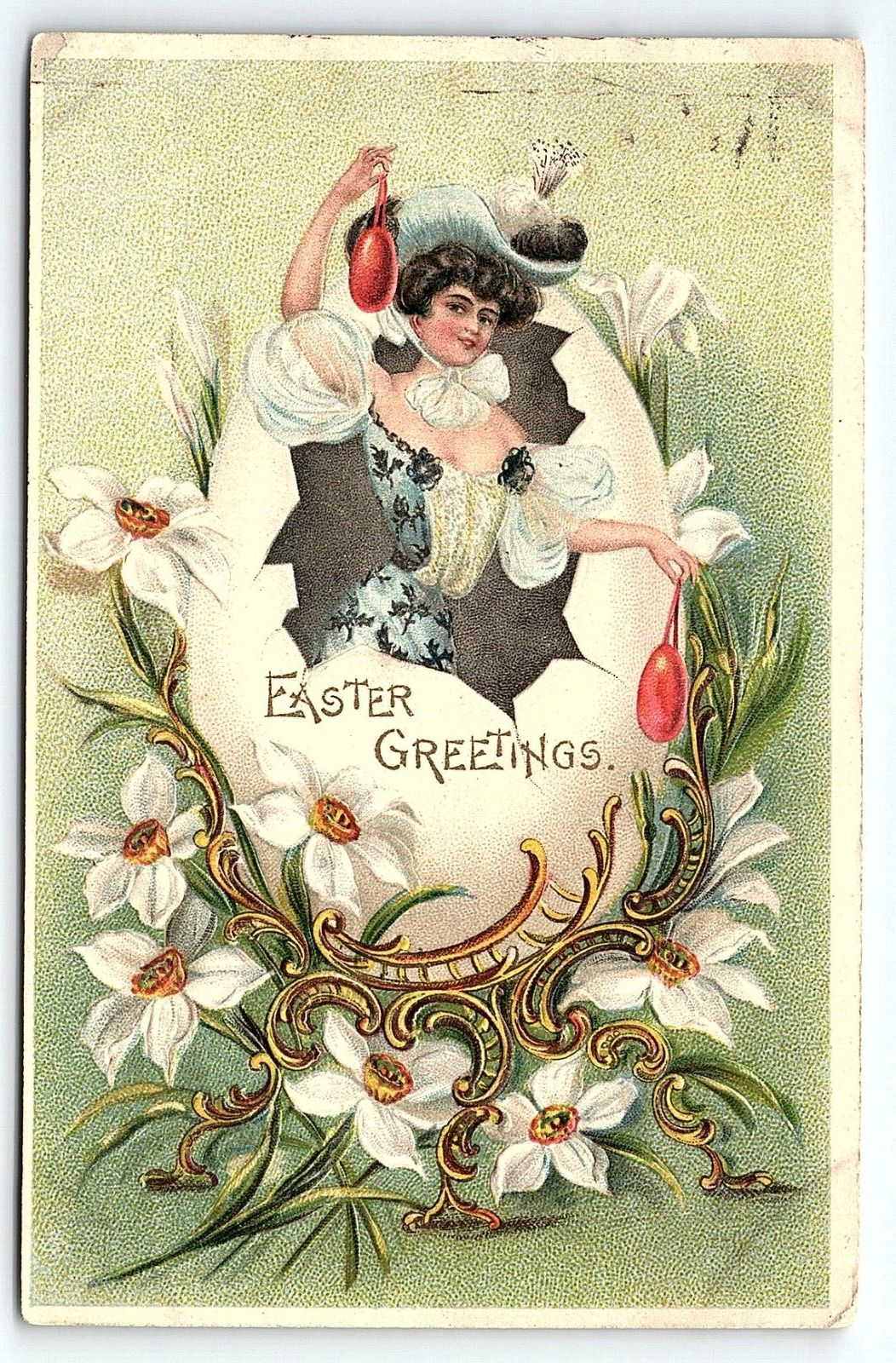 c1905 EASTER GREETINGS FLORAL VICTORIAN LADY EMBOSSED UNDIVIDED POSTCARD P2503