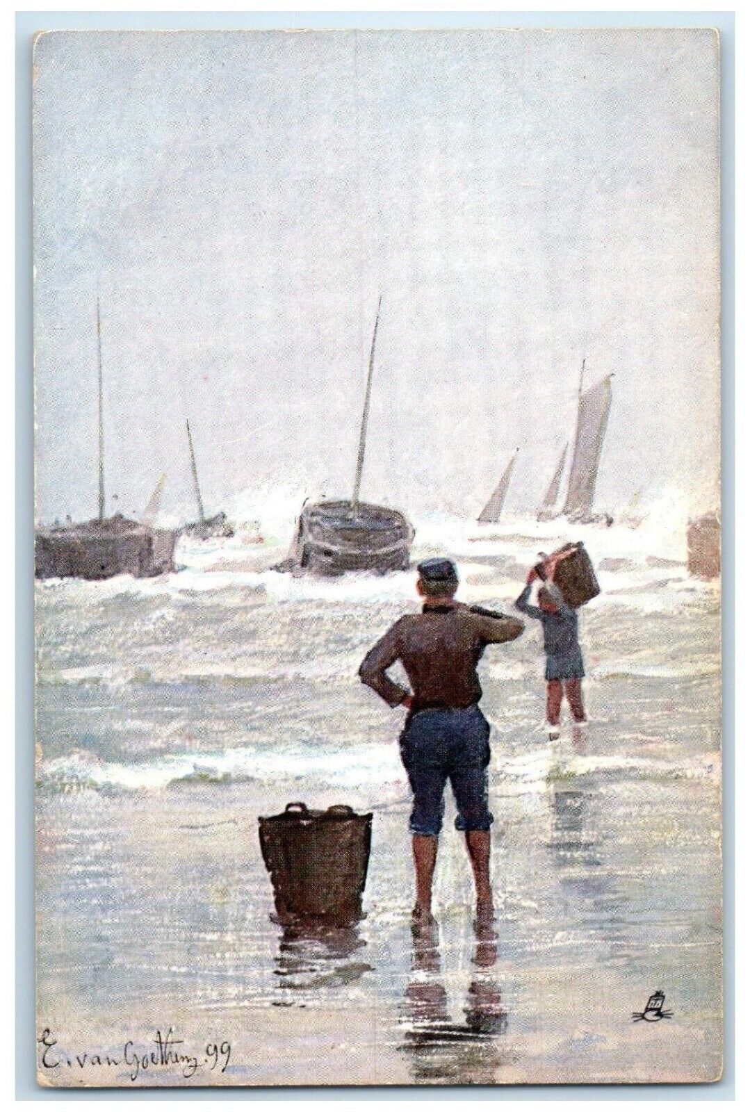 c1910s Fishermen With Bucket Seaside Scene Tuck's Unposted Antique Postcard