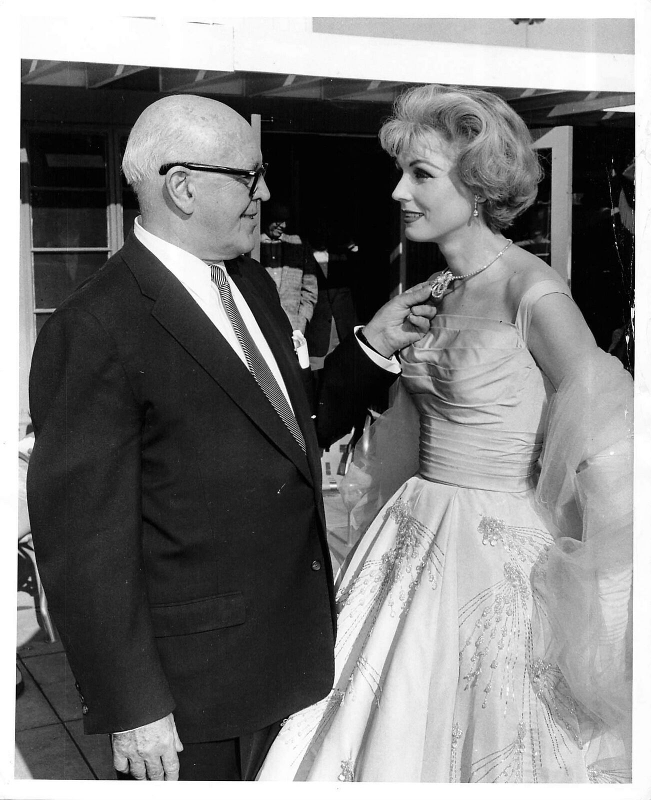 Vintage Press Photo JIMMY MCHUGH in Suit Admires Model\'s Diamond Necklace gown