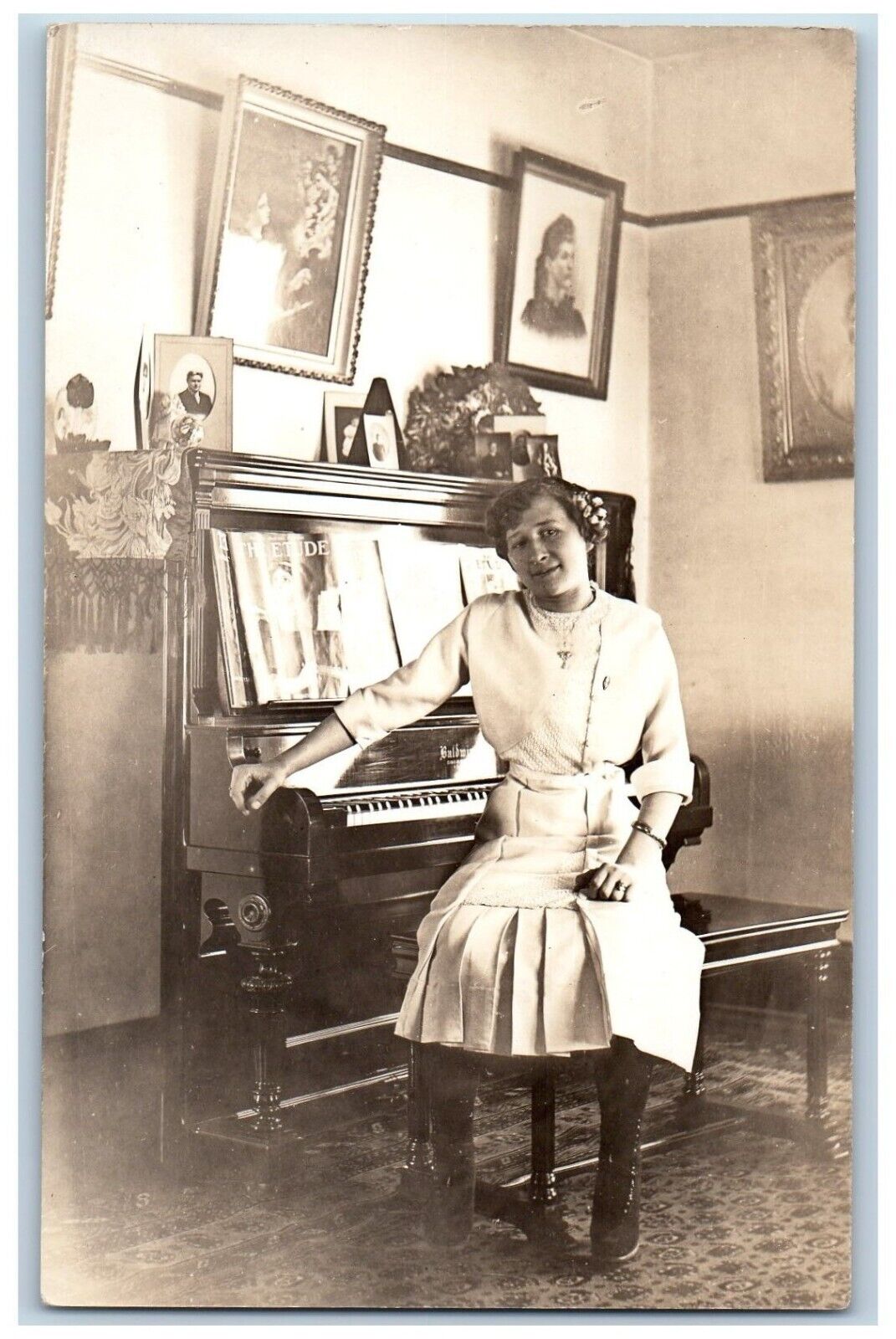 Woman Baldwin Piano Postcard RPPC Photo Parlor Interior c1910\'s Unposted Antique