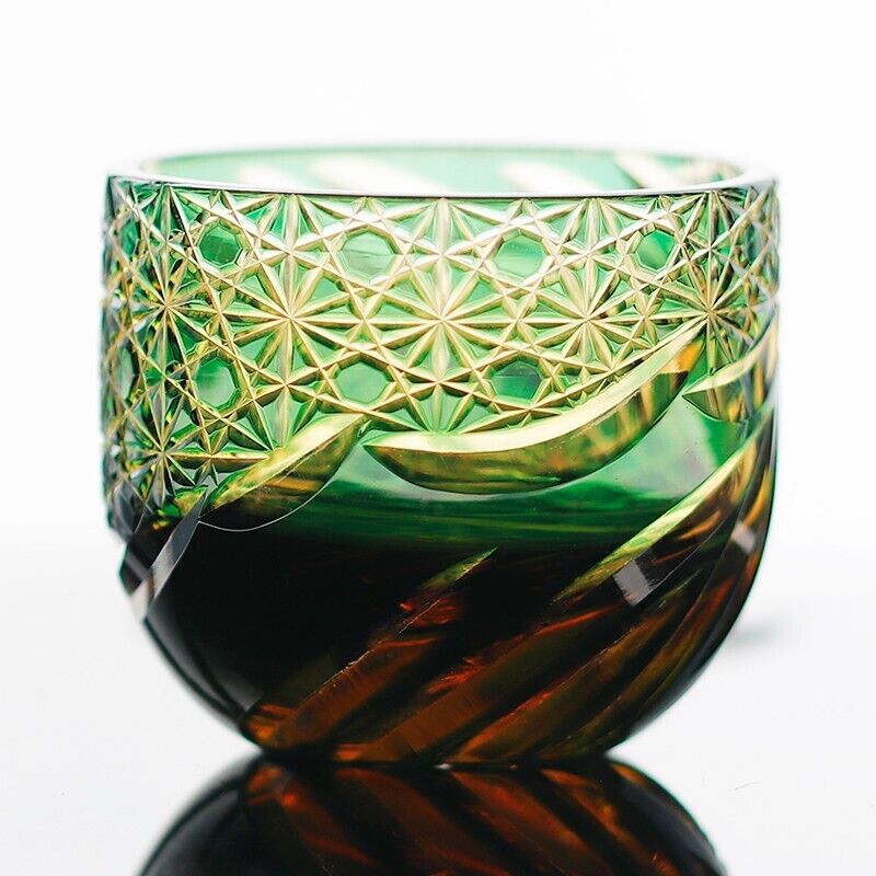 A06 Amber Green Shot Liquor Glass Edo Kiriko Crystal Glasses Handmade Craft 2oz