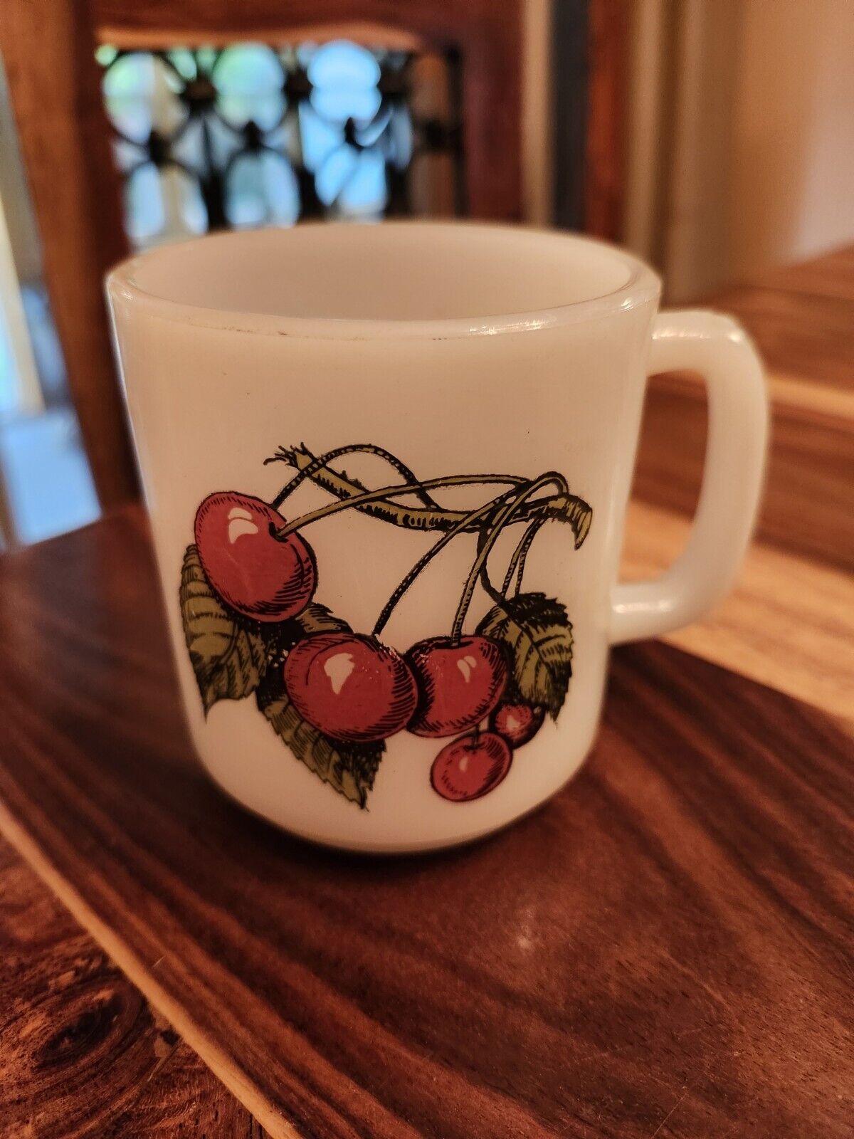 Glasbake Red Cherries On The Vine Mug, White Milk Glass, Vintage, Single Sided