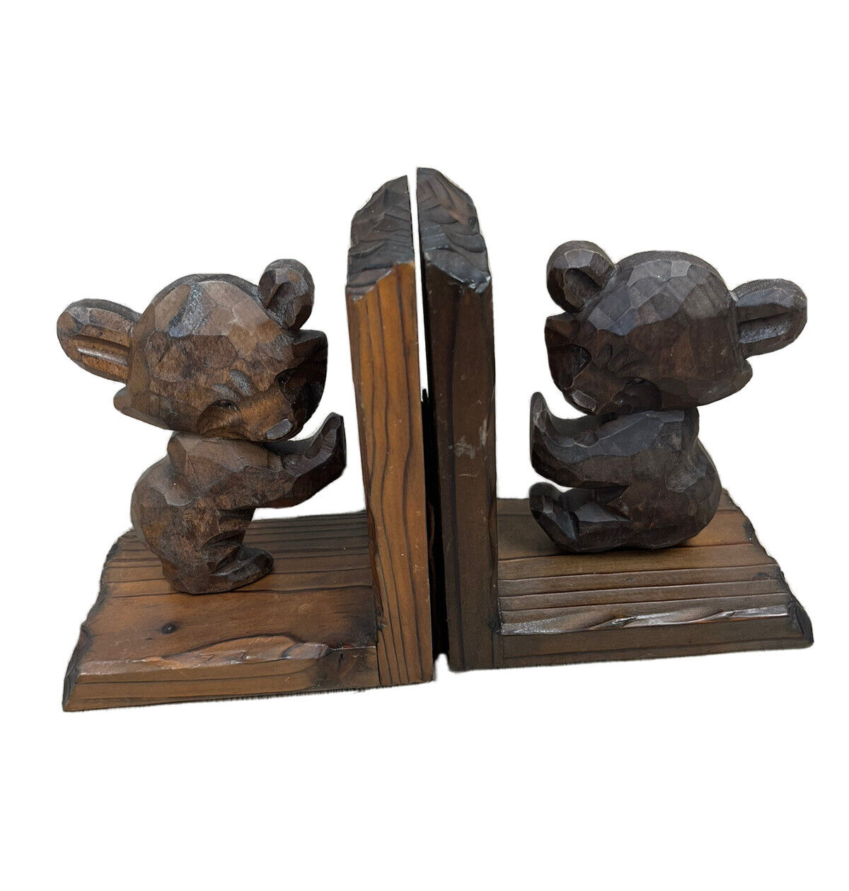 2 Vintage Ainu Carved Wood Bear Bookends Folk Art Japan S. Takahashi Sculpture