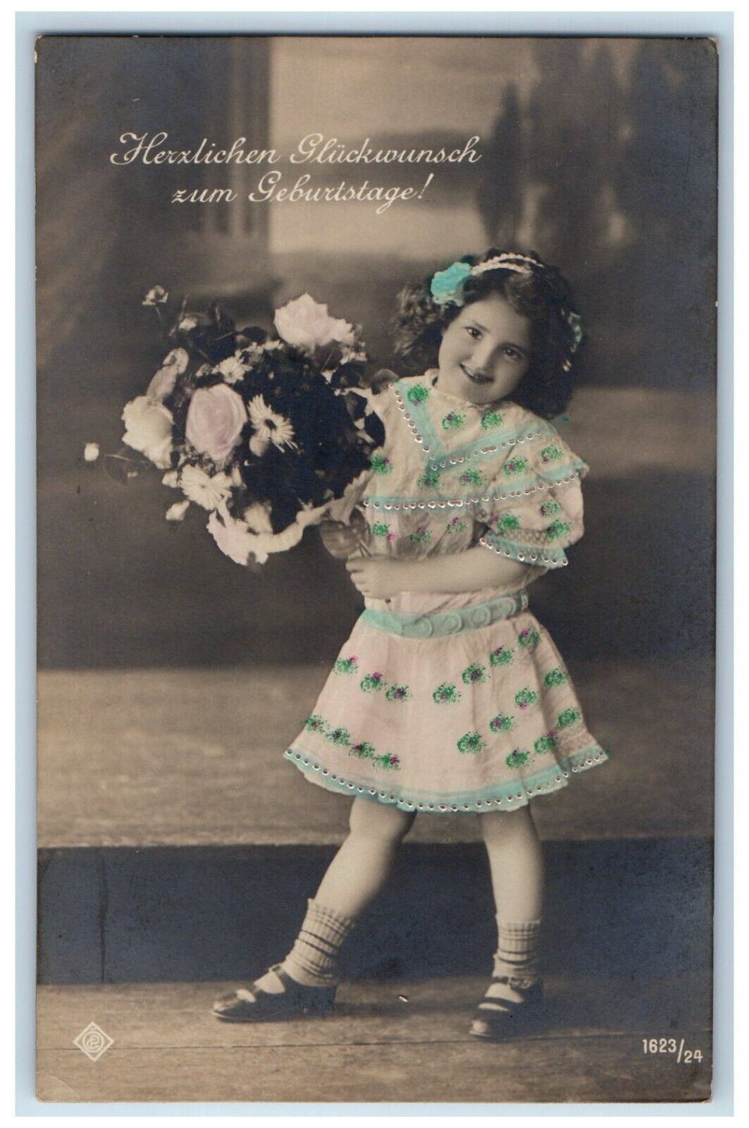 c1910\'s Birthday Little Girl With Flowers Bouquet And Letter RPPC Photo Postcard