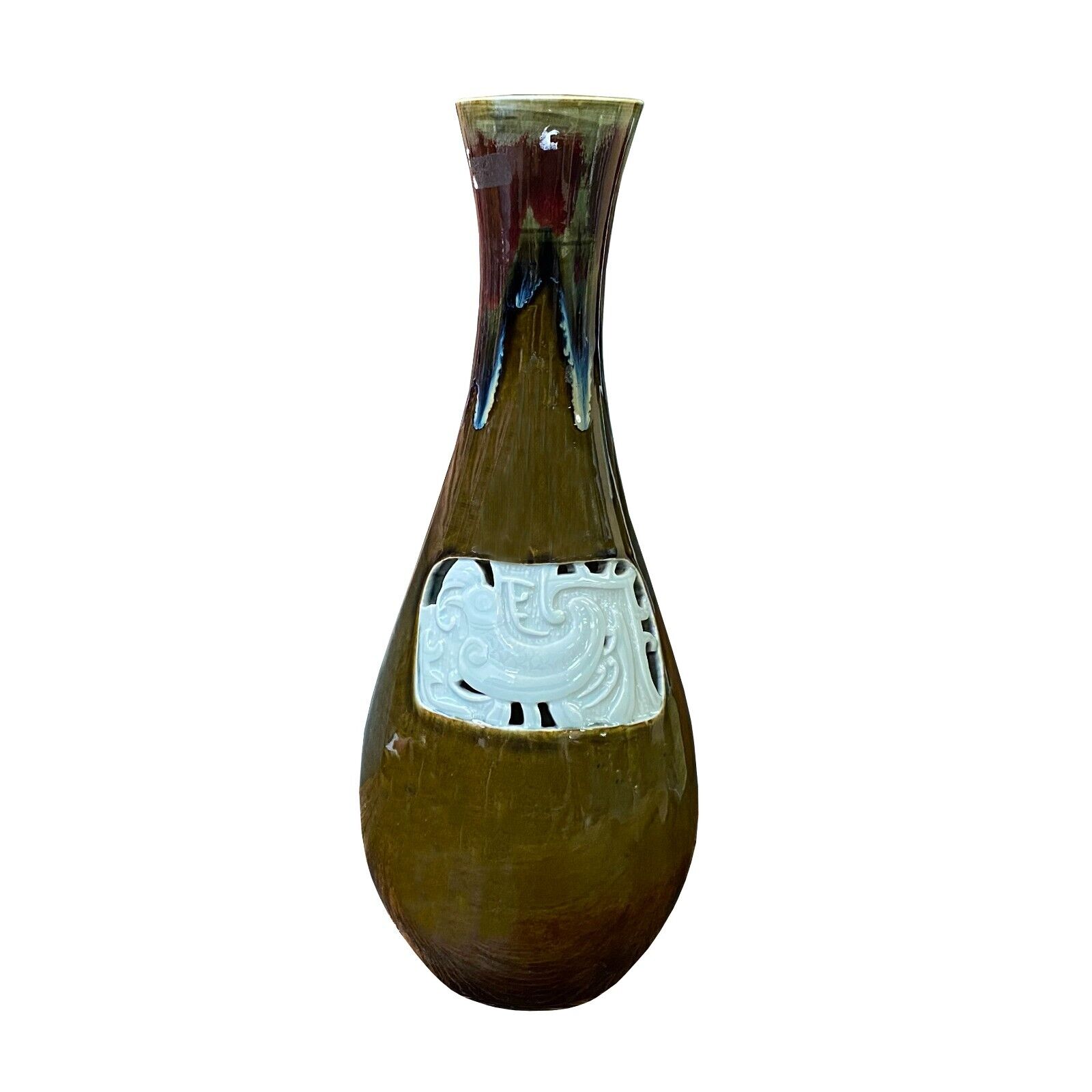 Modern Handmade Bottle Shape Olive Brown Ancient Phoenix Accent Vase ws2773
