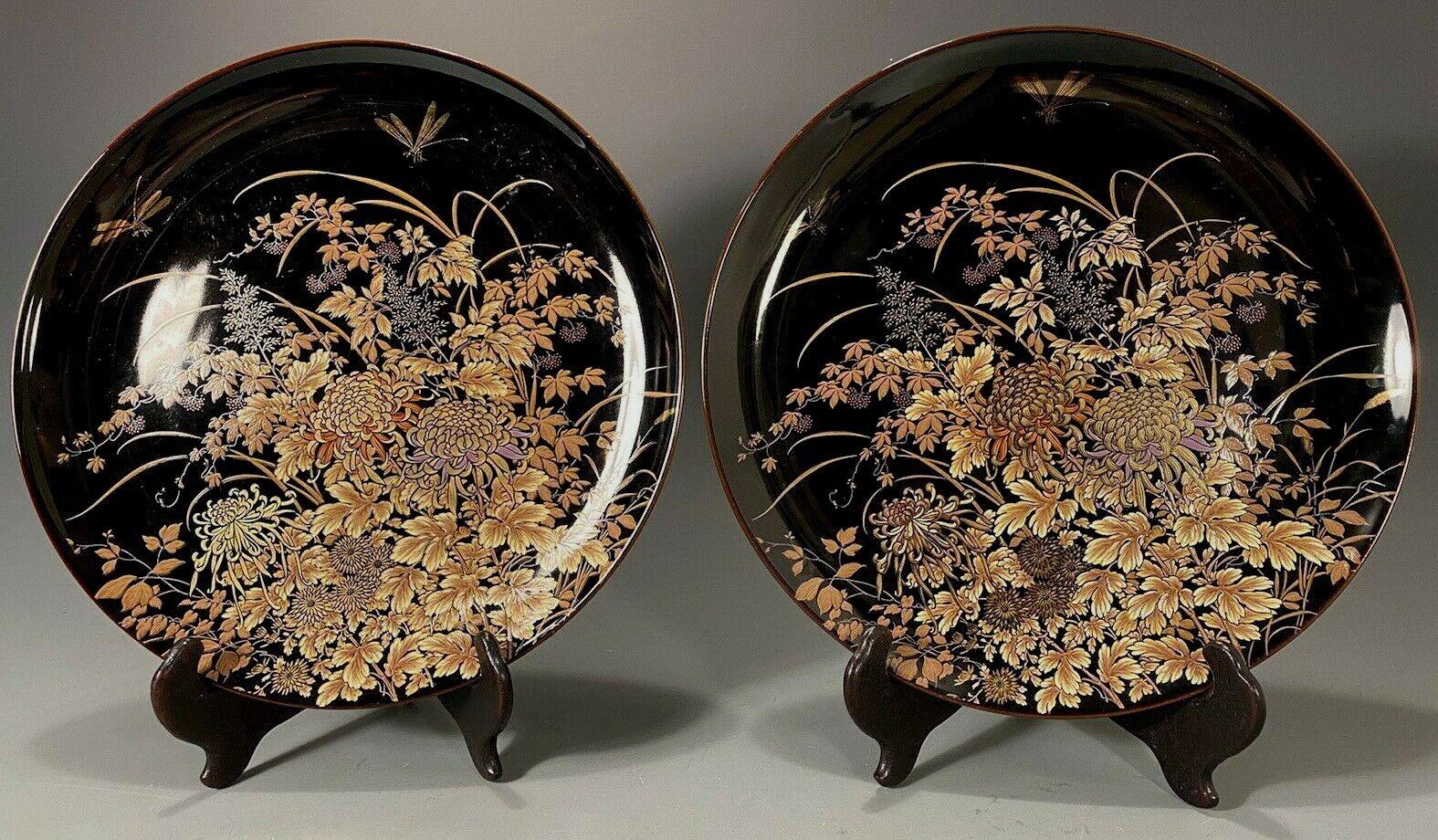 Pair of Shibata Japan Black Porcelain Plate w/ Dragonflies Flower Decoration