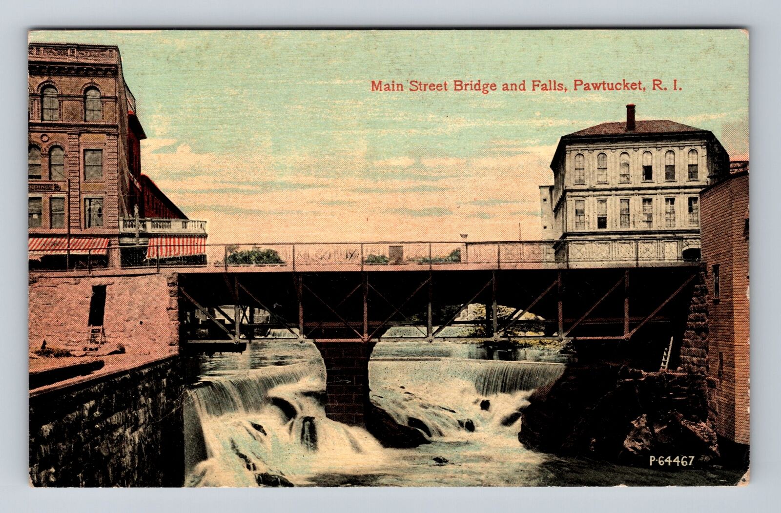 Pawtucket RI-Rhode Island, Main Street Bridge and Falls, Vintage Postcard