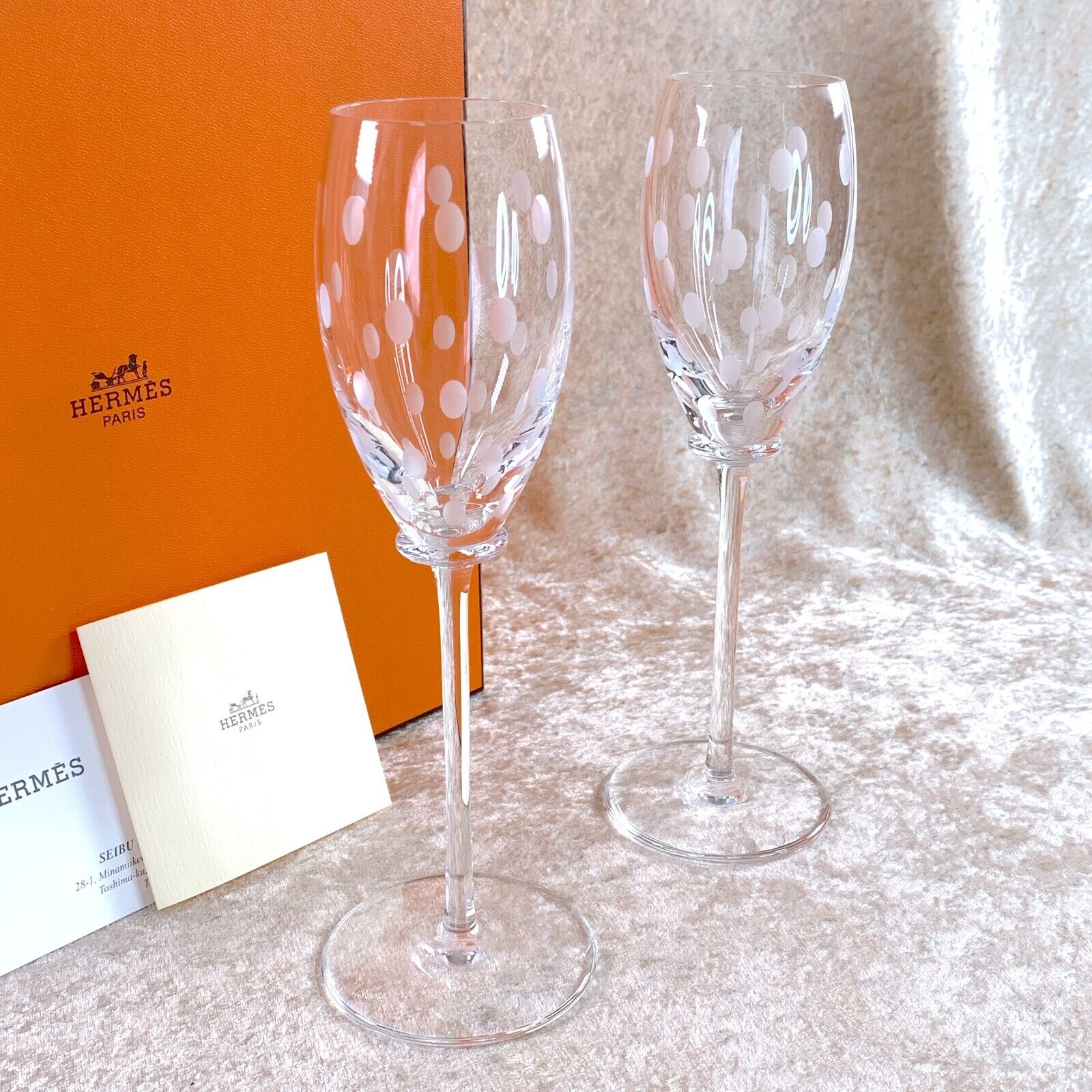 Authentic Hermes Paris Crystal Champagne Glasses Fanfare Set of 2 with Case