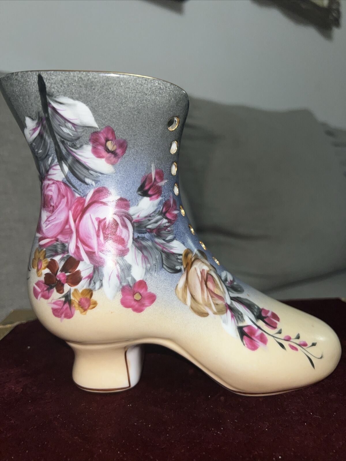 Porcelain Boot handpainted flowers and gold tone trim