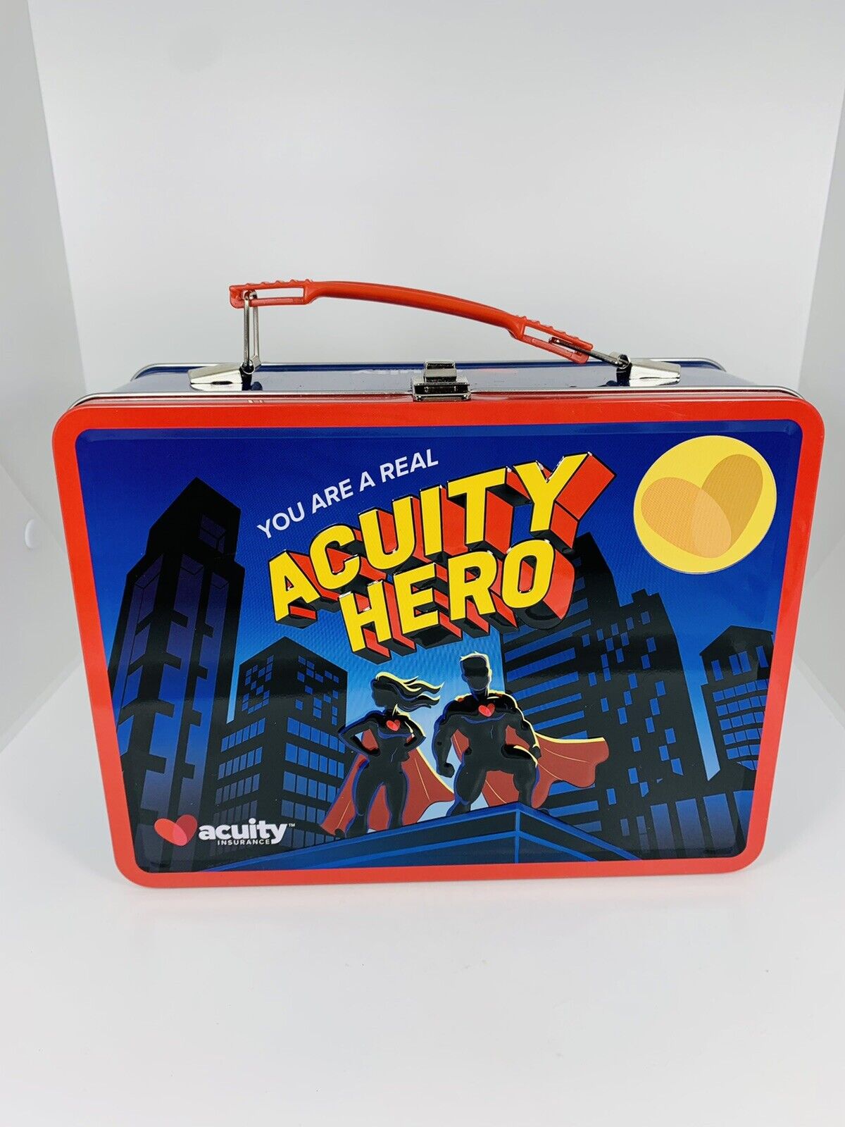 Vtg Acuity Insurance (You Are A Real Acuity Hero) Metal Lunch Box, with Thermos