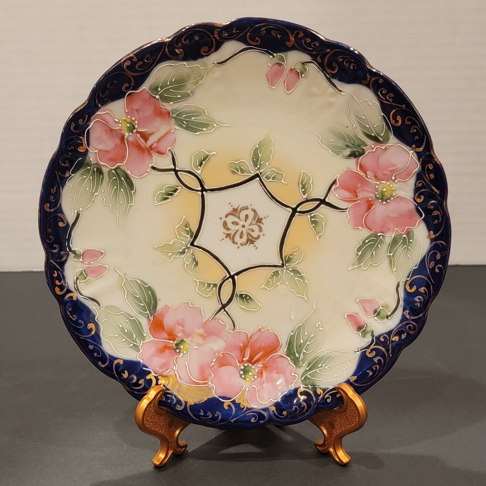 Vintage Scalloped Plate Hand Painted Blue & Gold - Pink Cherry Blossom  Japanese