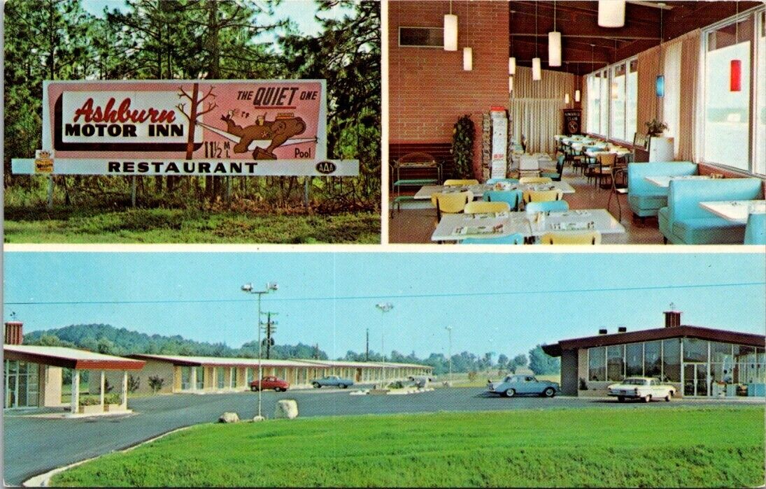 Ashburn GA Motor Inn Restaurant Interior Bear Motel Tri View postcard FP4