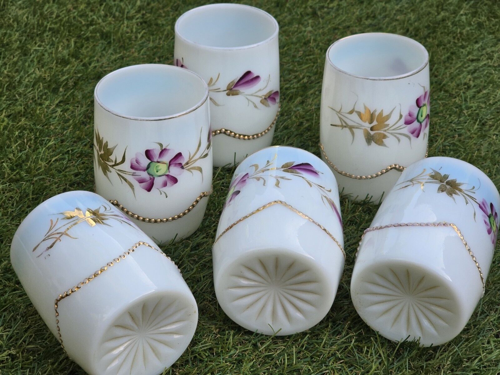 Heisey Beaded Swag 6 Set MILK GKASS Cups w/ Painted Daisy, Leaves, & Gold Rim