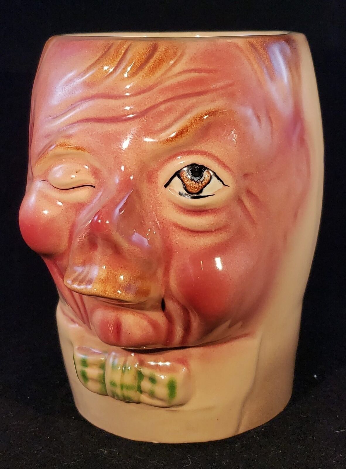 Vtg Unsigned Pink Ugly Face w/Bow Tie Decorative Ceramic Toby Jug Music Box