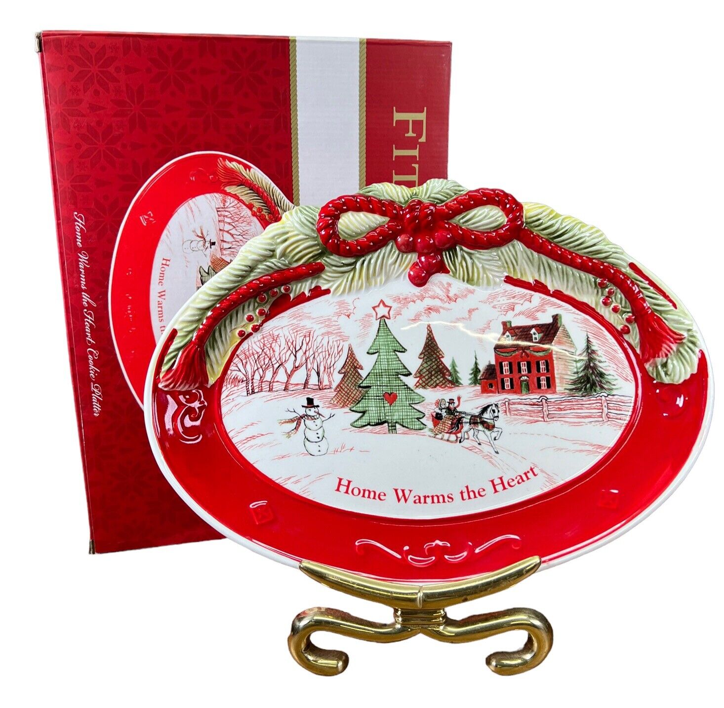 Fitz & Floyd Home Warms the Heart Winter Scene Ceramic Sentiment Tray 13 X10”