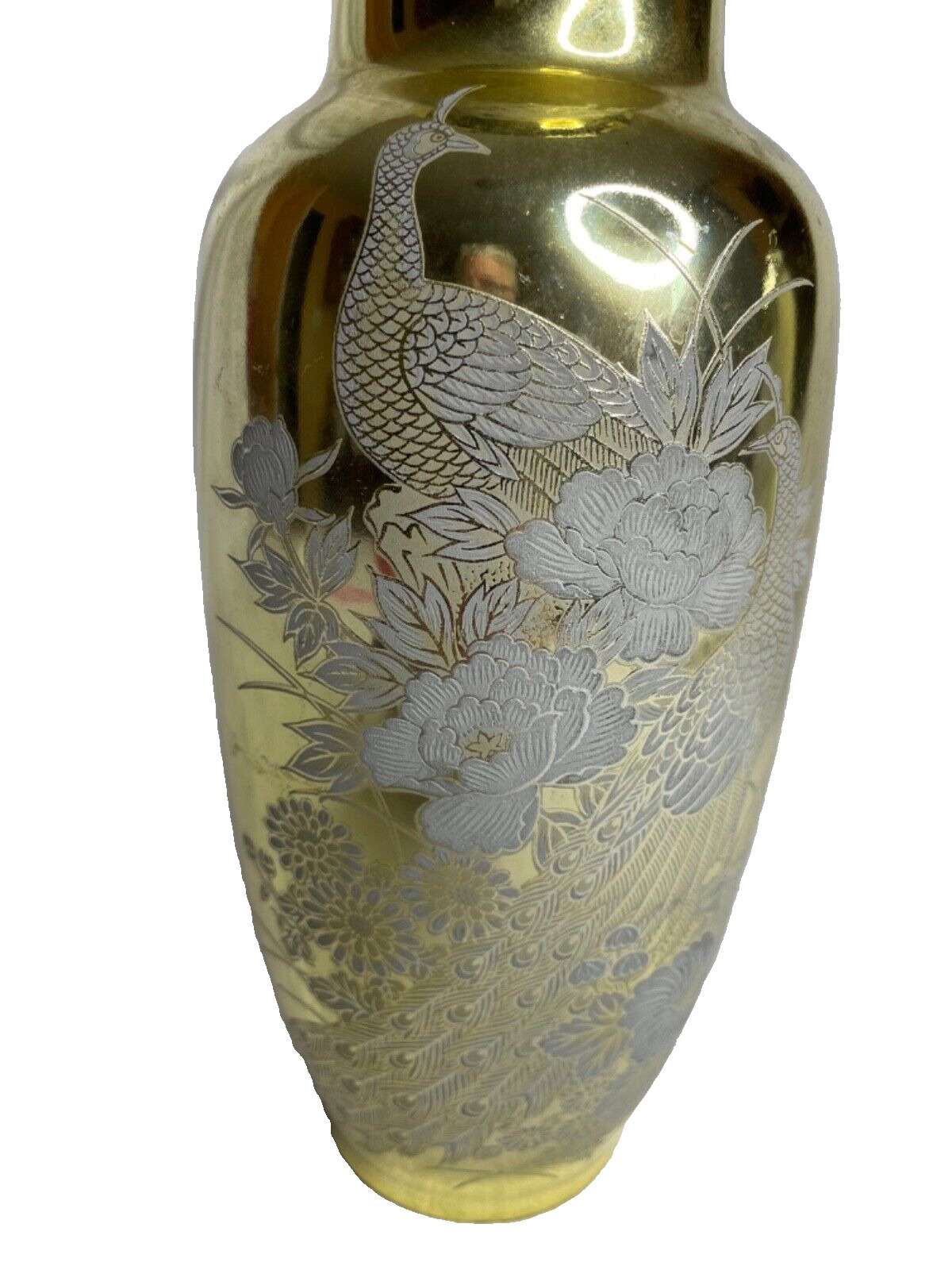 Vase Gold & Silver Etched Tone Peacock Design Japan