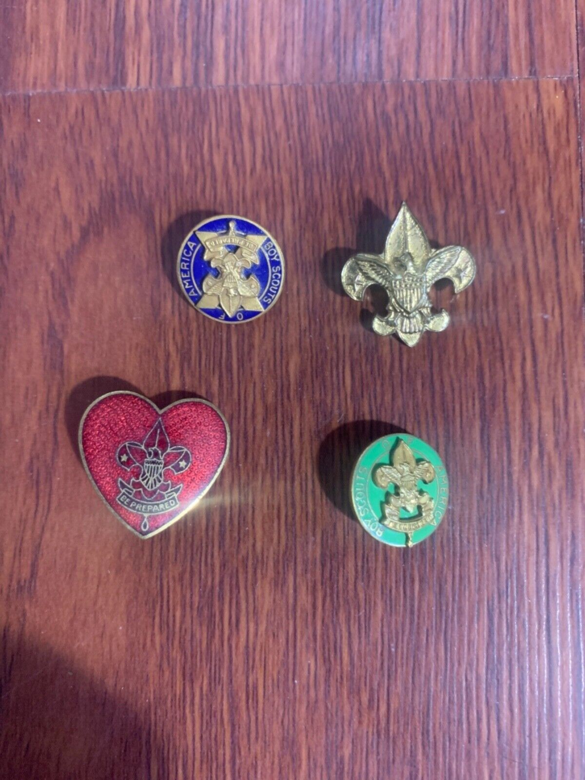 4 vintage Boy Scouts pins. 10 year, Mother’s Heart, etc.