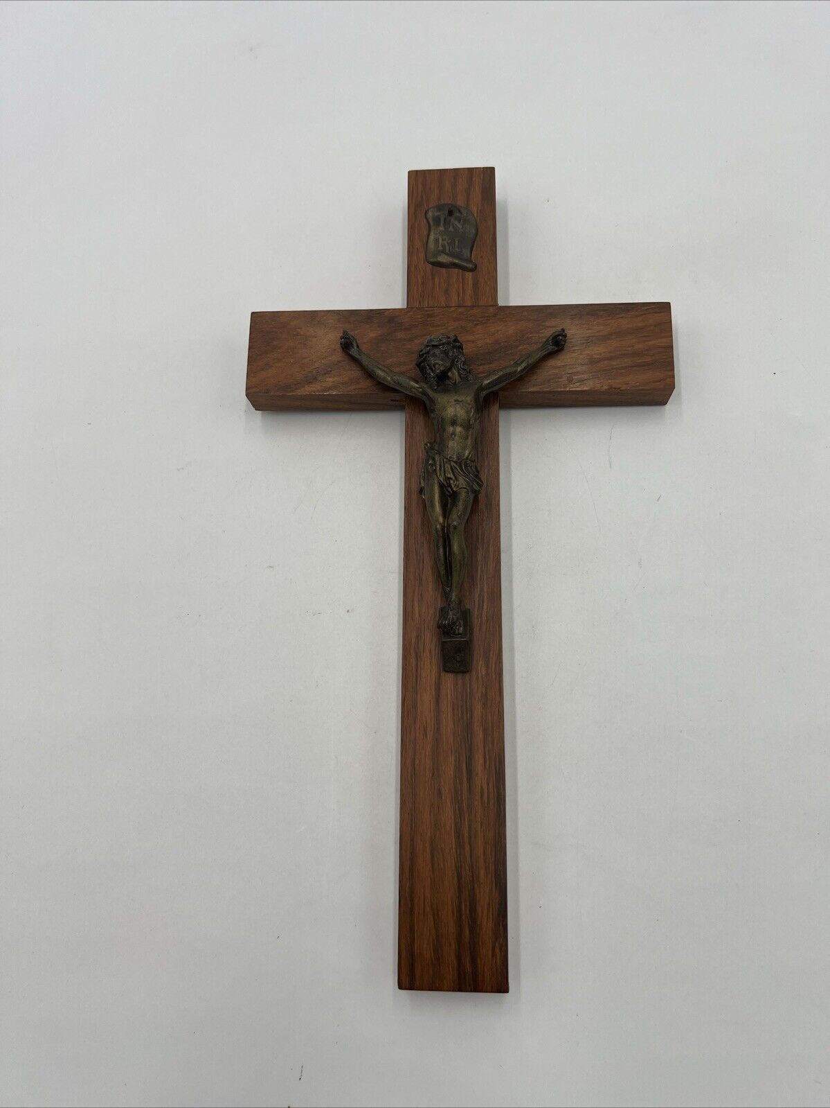 Vintage Religious Wood Wall Crucifix Wooden Cross Metal INRI Jesus Christ 11.5”
