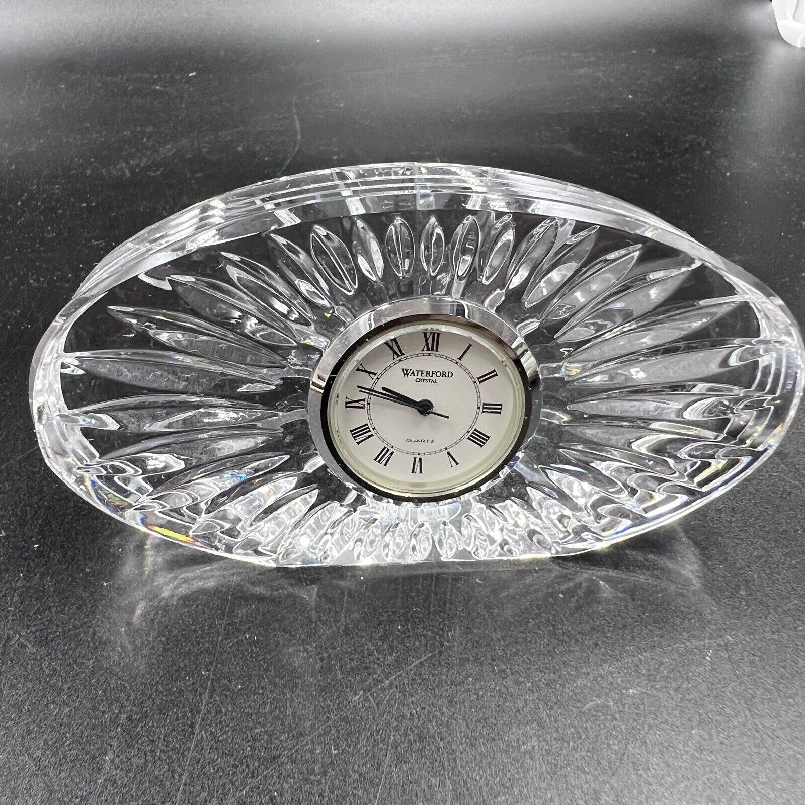 Vintage Waterford Sunburst Crystal Quartz Oval Clock NEEDS BATTERY 5” Long