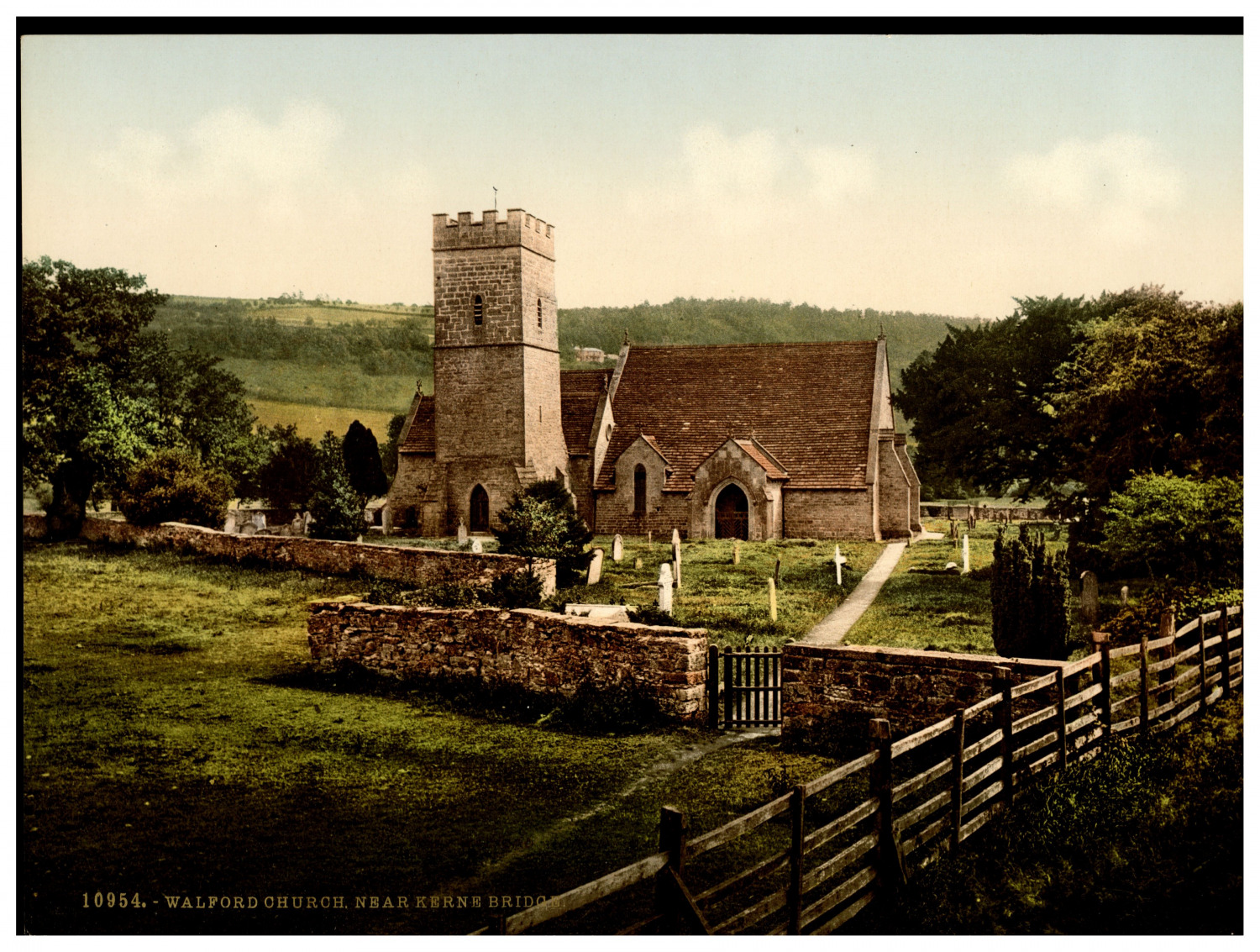 England. Wye Valley. Walford Church near Core Bridge. Vintage Photochrome by 