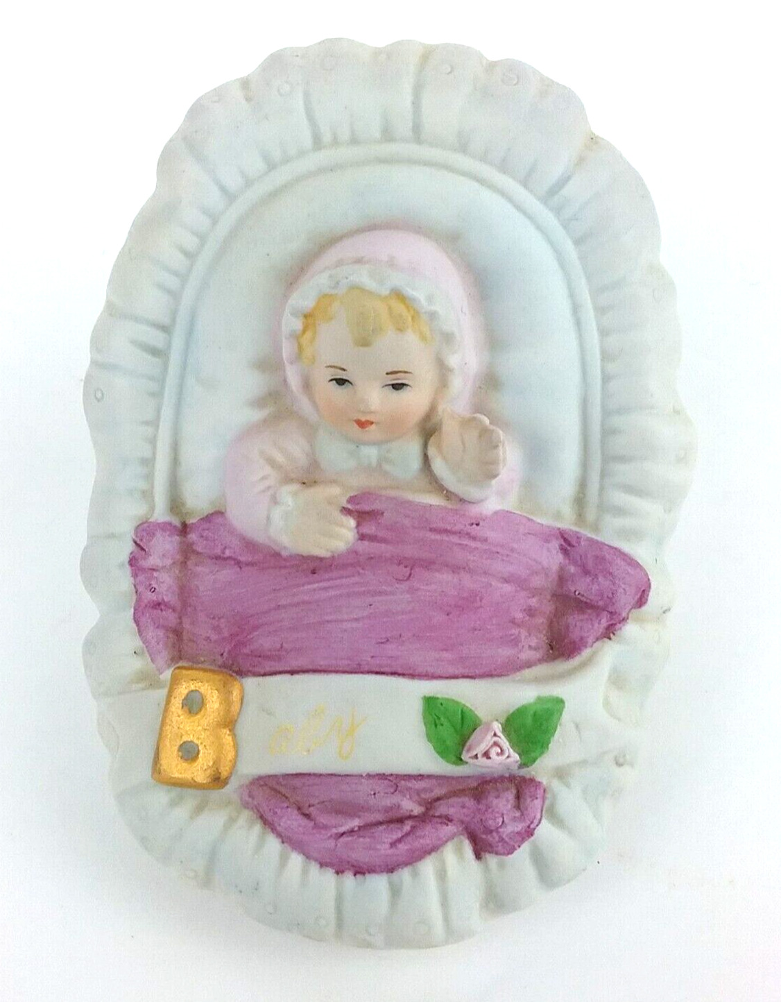 Enesco Growing Up Birthday Girl B Baby in Woven Basket Porcelain 1983 Pink