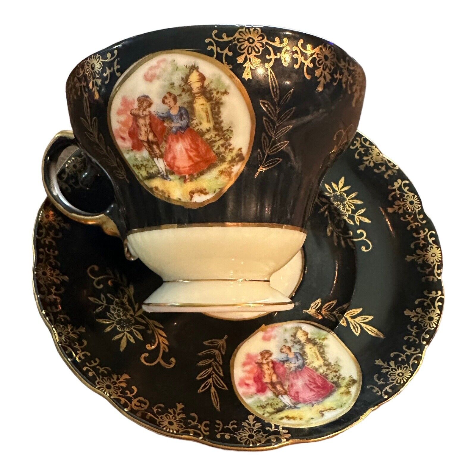 Royal Sealy China Courting Couple Footed Teacup Saucer Black Gold Gilt Japan