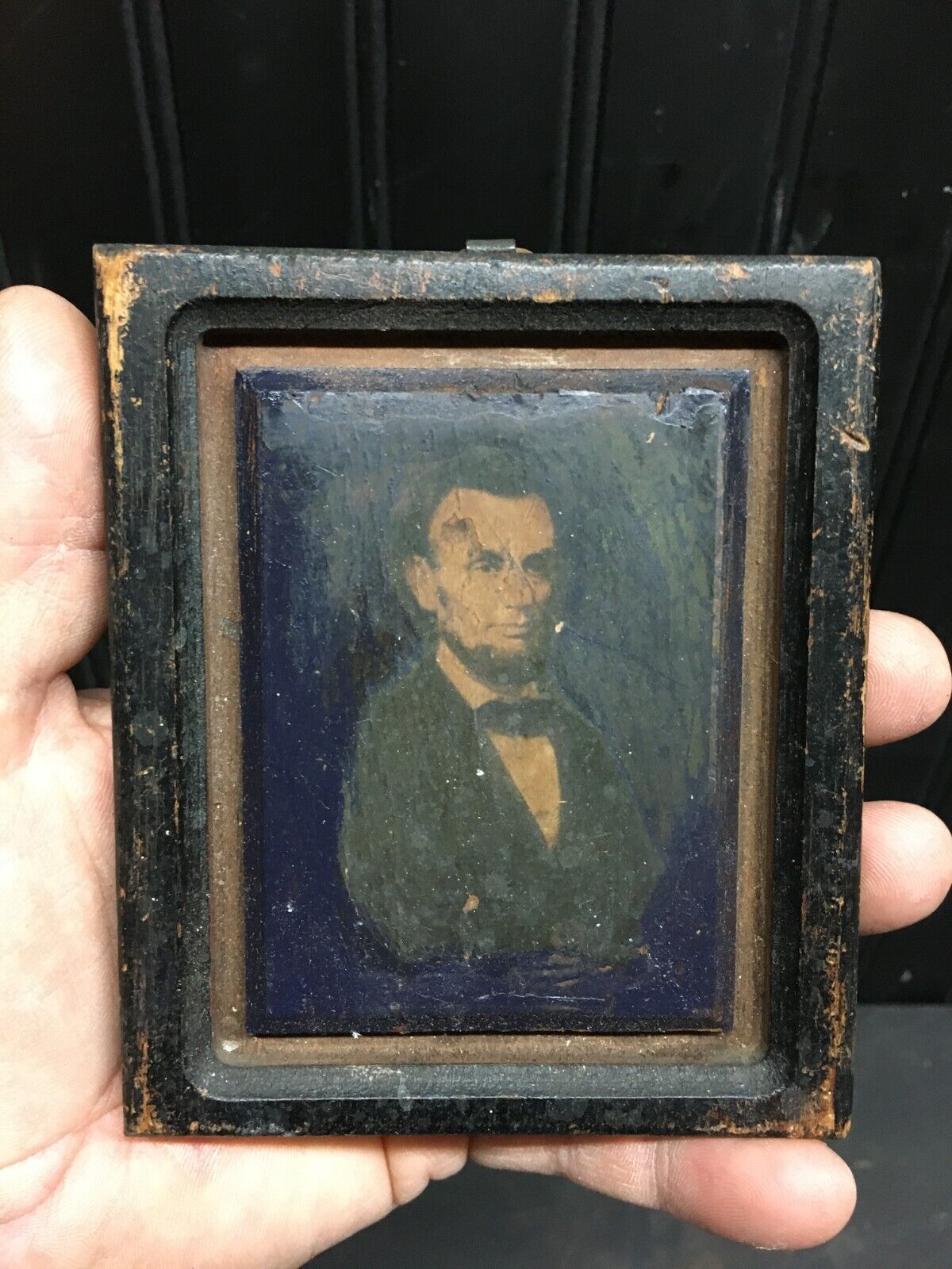 Antique 1800's ABRAHAM LINCOLN  Photograph Souvenir Card Photo wood Frame 4in