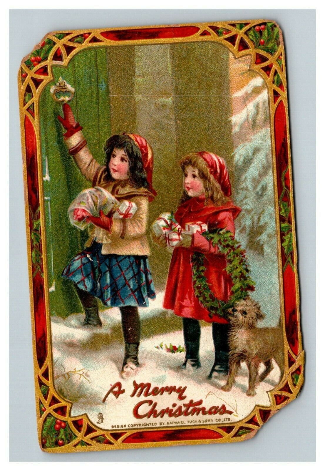 Vintage 1910 Tuck's Christmas Postcard - Cute Kids & Puppy Deliver Gifts Wreath