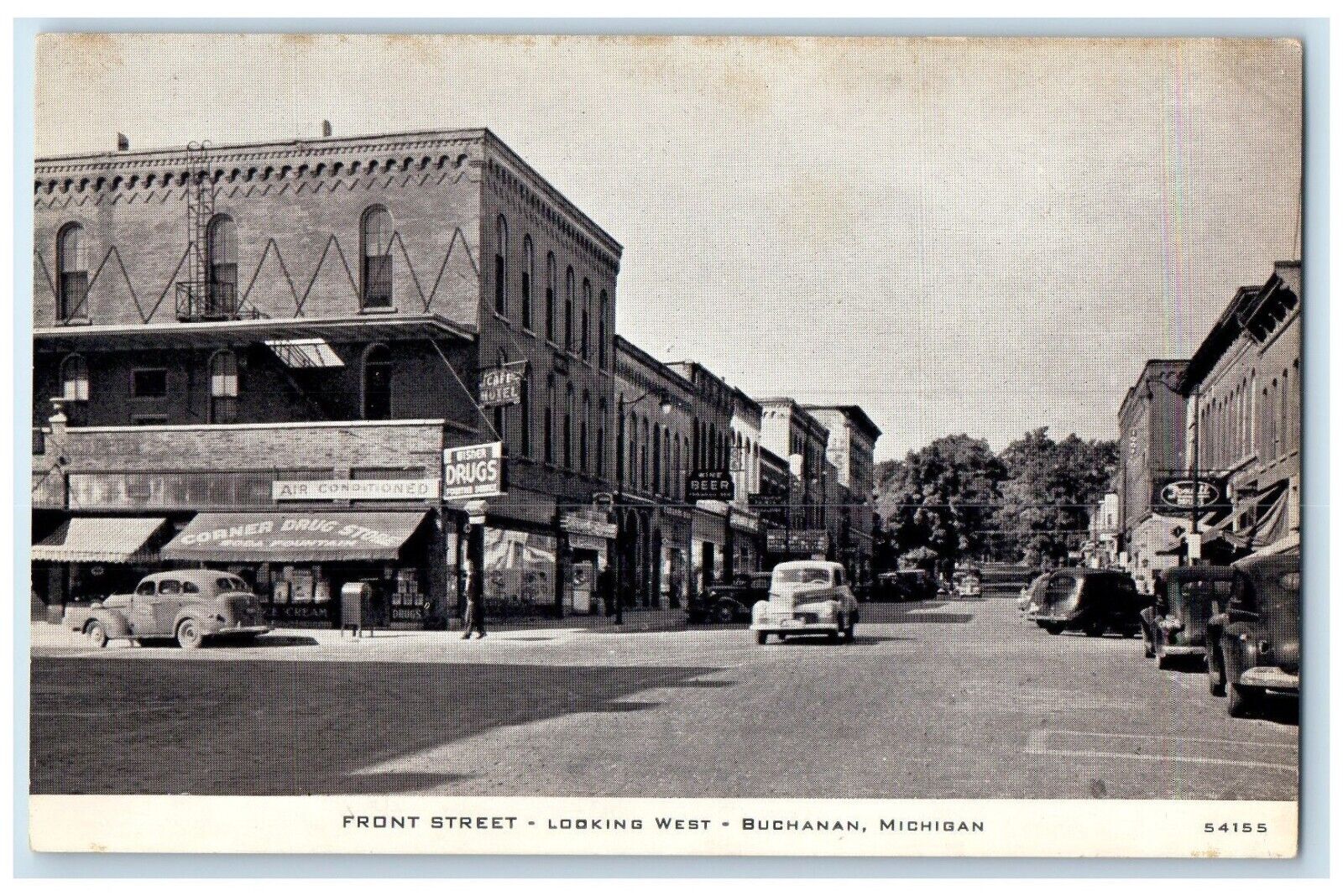 c1940 Front Street Looking West Exterior Classic Cars Buchanan Michigan Postcard