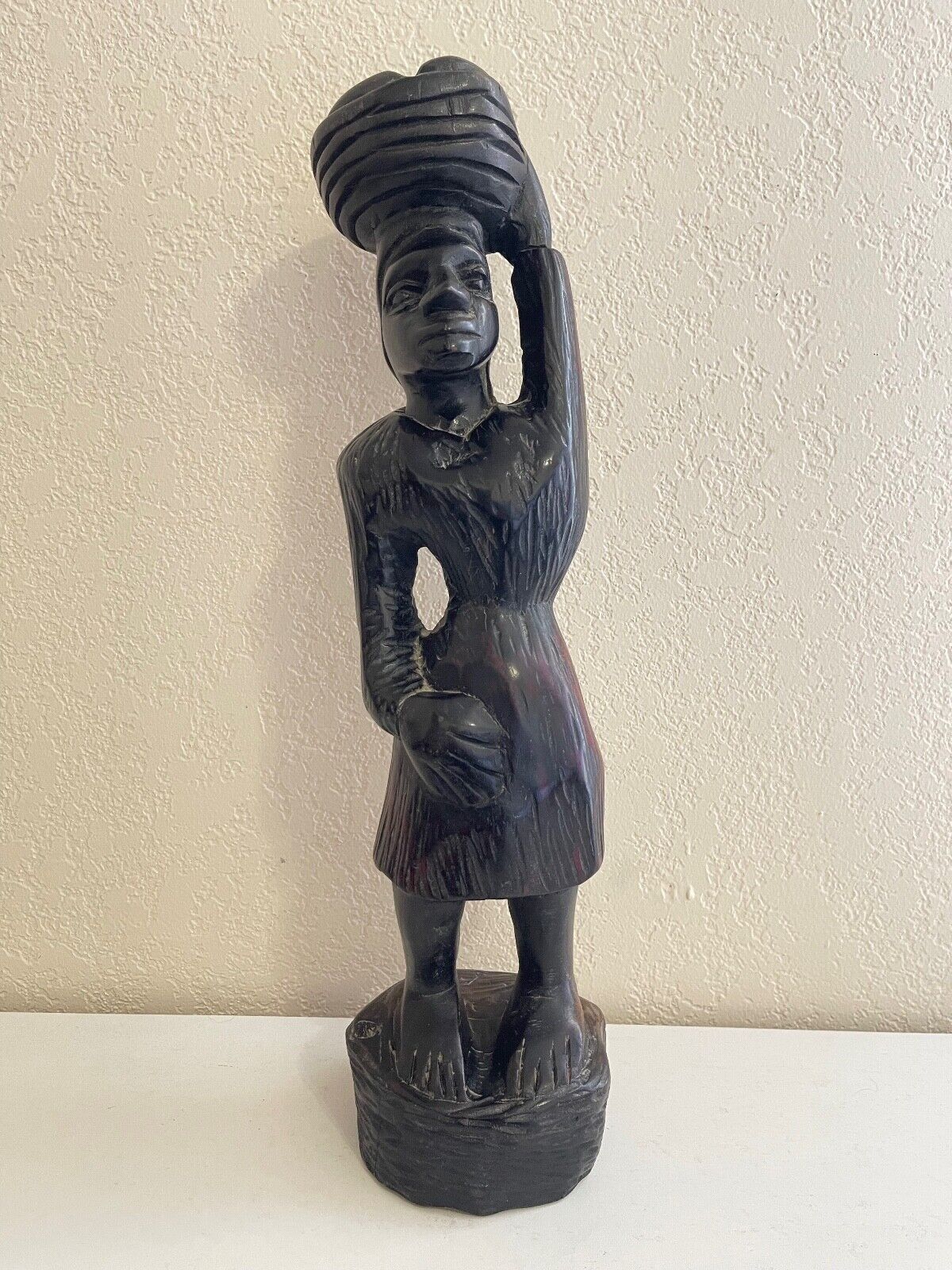 Vtg Ethnic Tribal Possibly African Carved Wood Statue of Woman Carrying Basket
