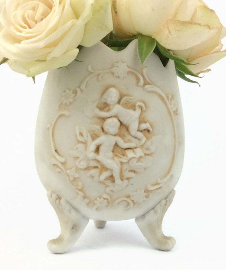 VTG Lefton Vase Cherub Cameo Cracked Egg Bisque Japan Floral Romantic Number 723
