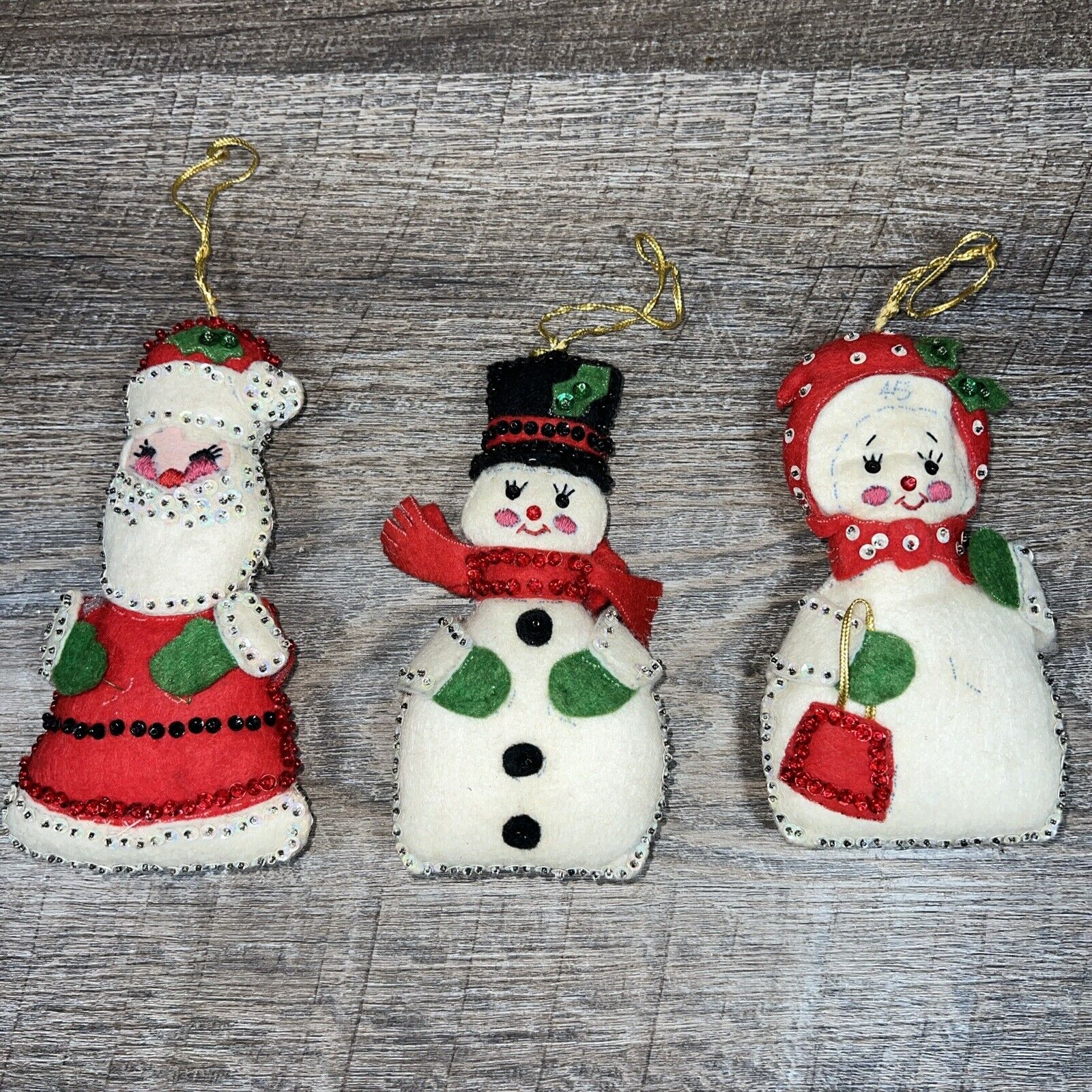VTG Bucilla Felt Sequin Santa and Mr & Mrs Snowman Completed Christmas Ornaments
