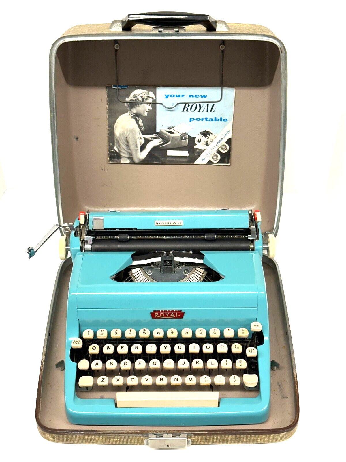 Vintage 1958 Royal Quiet De Luxe Portable Typewriter Blue w/ Case Nice Working
