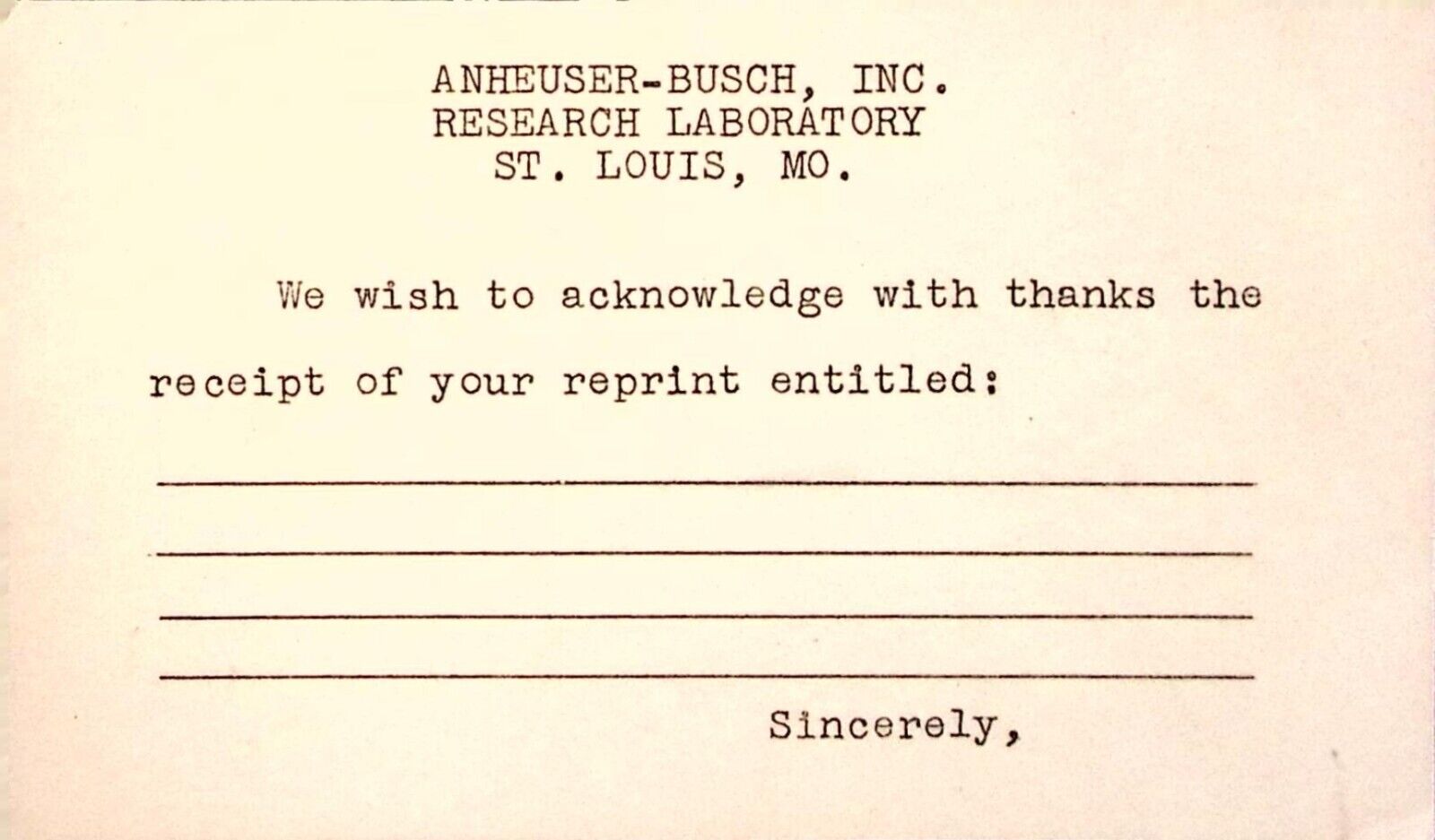 Rare Anheuser Busch Research Laboratory Antique Postal Card Receipt of Reprint