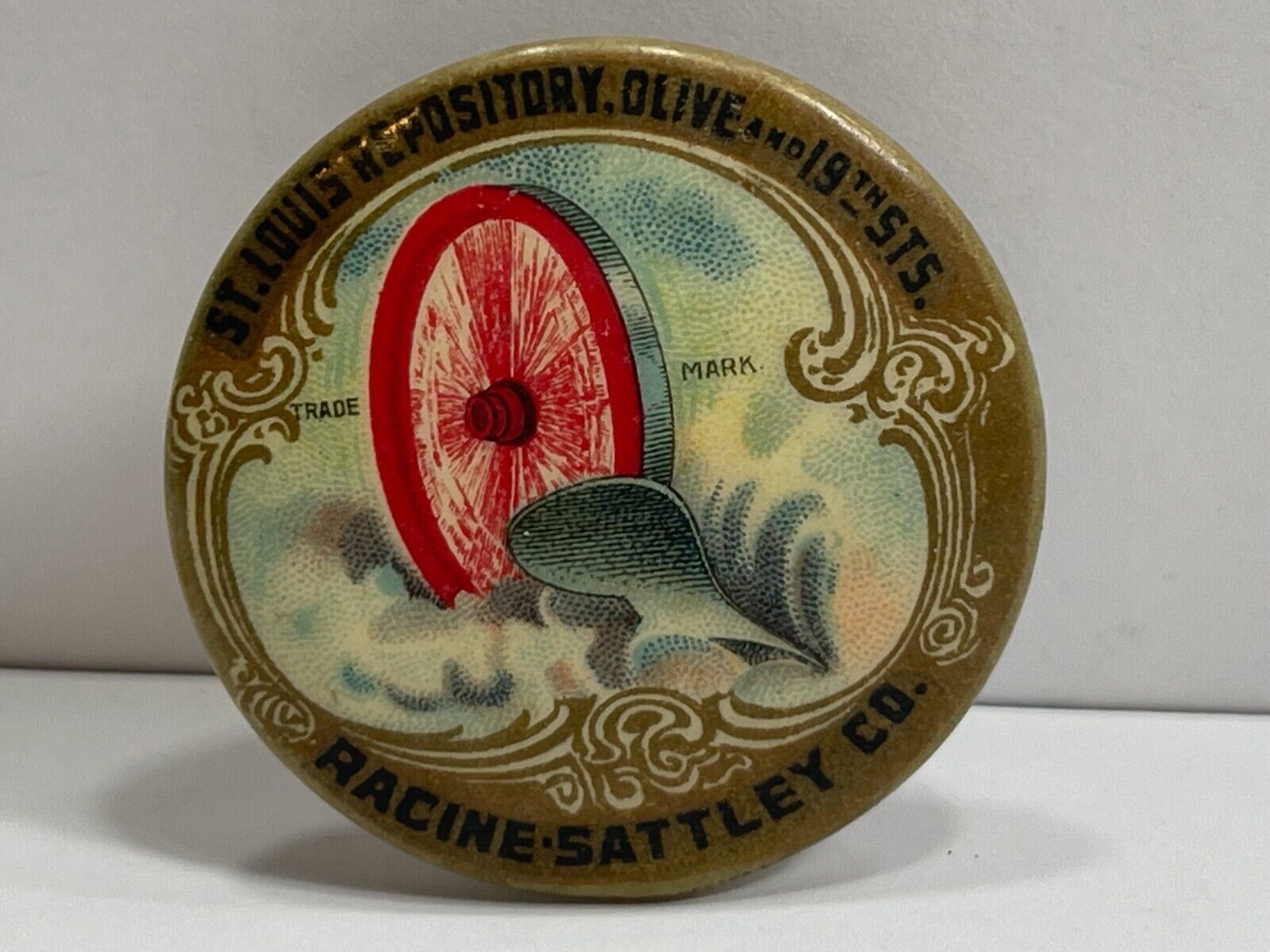 Antique 1904 Racine Sattley Co. - St. Louis, Missouri Pin (Horse Drawn Plows)