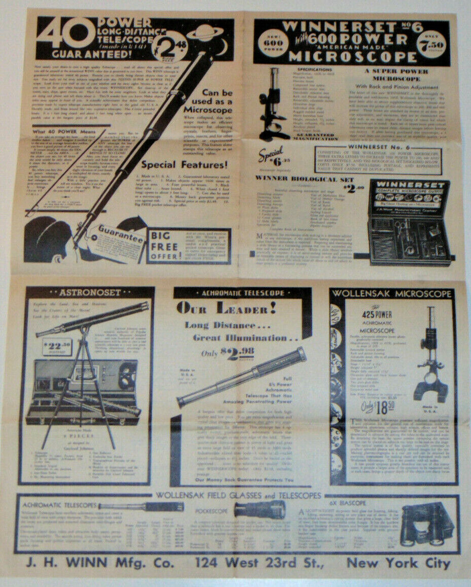 VINTAGE 1930s TELESCOPE/MICROSCOPE/BINOCULAR ADVERTISING POSTER 17x22\