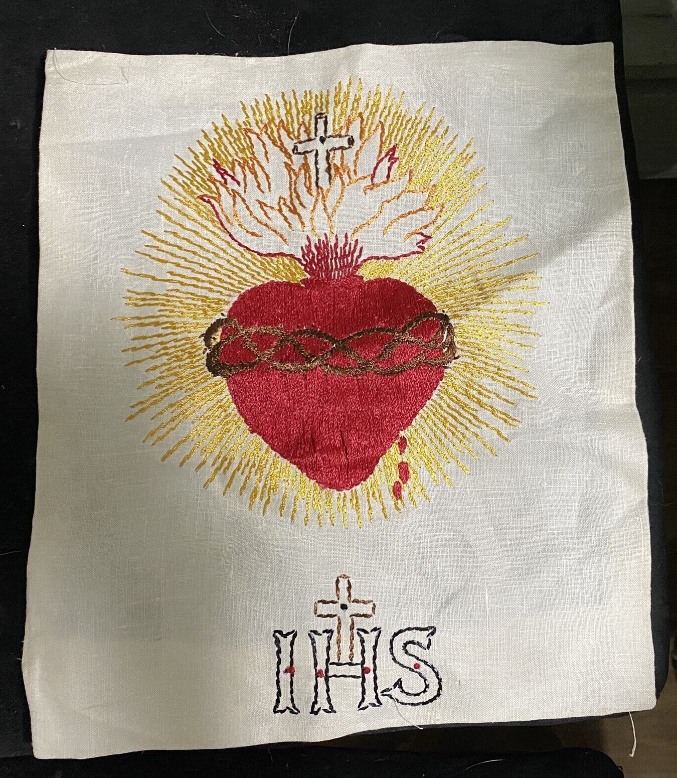 Vintage Sacred Heart IHS Embroidered Linen Piece 