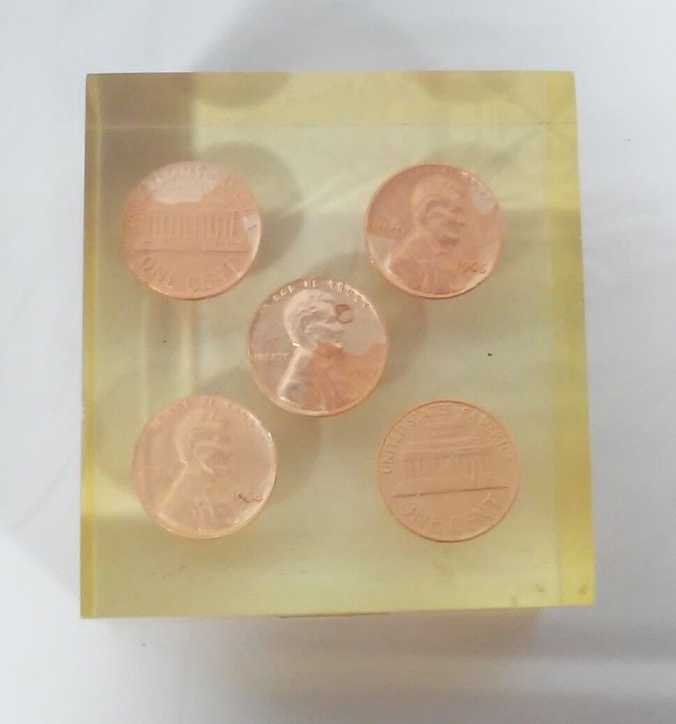 Lucite Rectangle 5 Pennies Paperweight