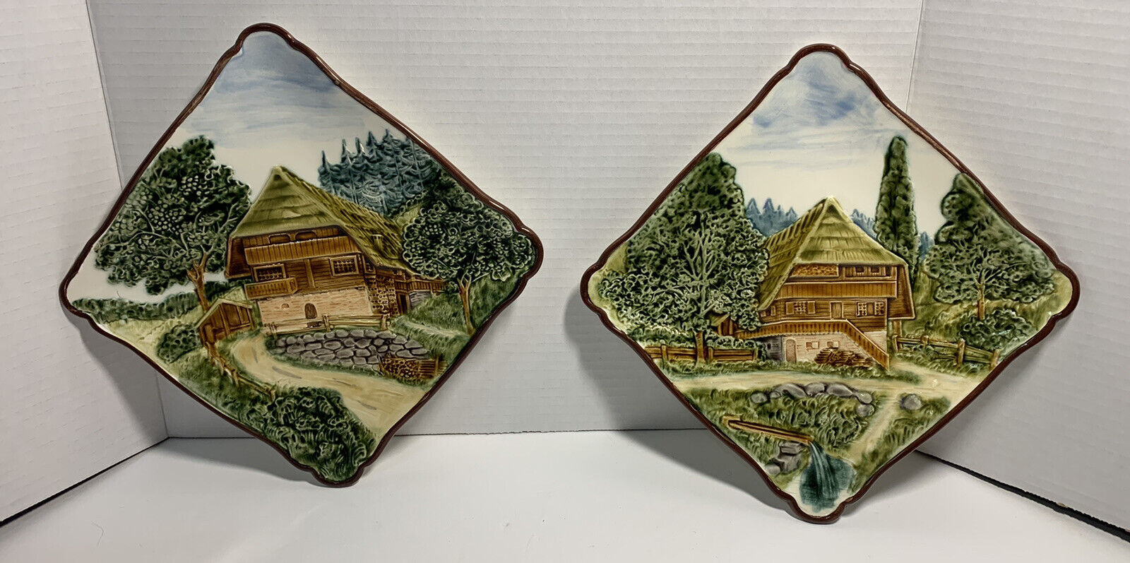 2 Stunning German Three Demensional Hand Painted Plate Blad=Forrest Germany