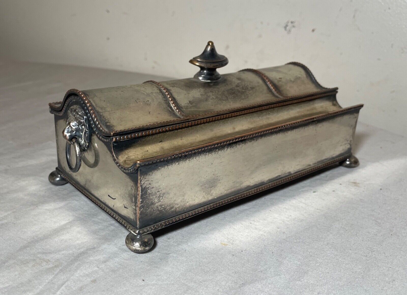 antique 19th century silverplated copper glass jar desk inkwell stand holder